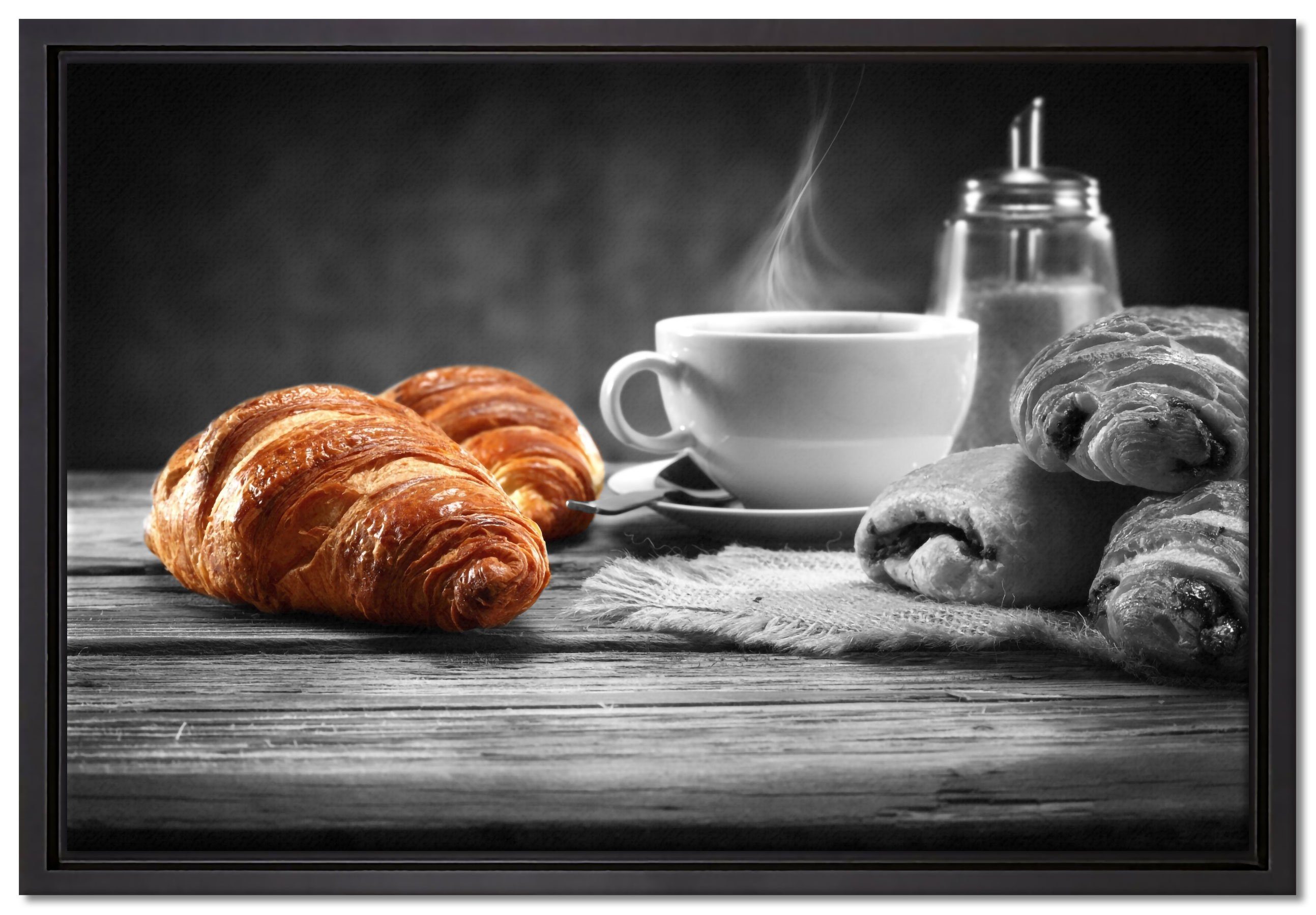 Pixxprint Leinwandbild Croissants mit frischem Kaffee, Wanddekoration (1 St), Leinwandbild fertig bespannt, in einem Schattenfugen-Bilderrahmen gefasst, inkl. Zackenaufhänger