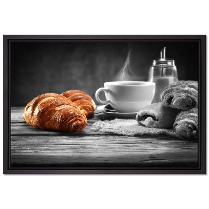 Pixxprint Leinwandbild Croissants mit frischem Kaffee Wanddekoration (1 St) Leinwandbild fertig bespannt in einem Schattenfugen-Bilderrahmen gefasst inkl. Zackenaufhänger