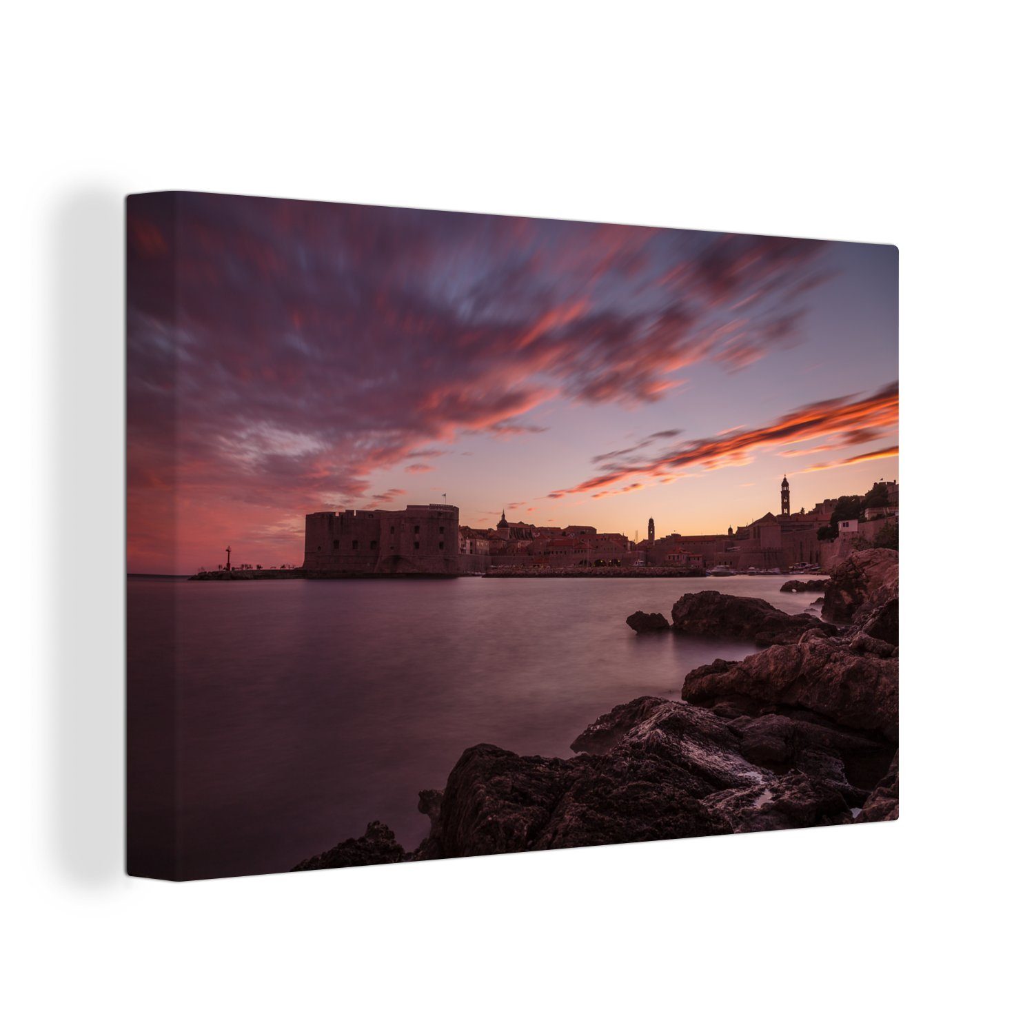 OneMillionCanvasses® Leinwandbild Sonnenuntergang über dem Hafen innerhalb der Stadtmauern von Dubrovnik, (1 St), Wandbild Leinwandbilder, Aufhängefertig, Wanddeko, 30x20 cm