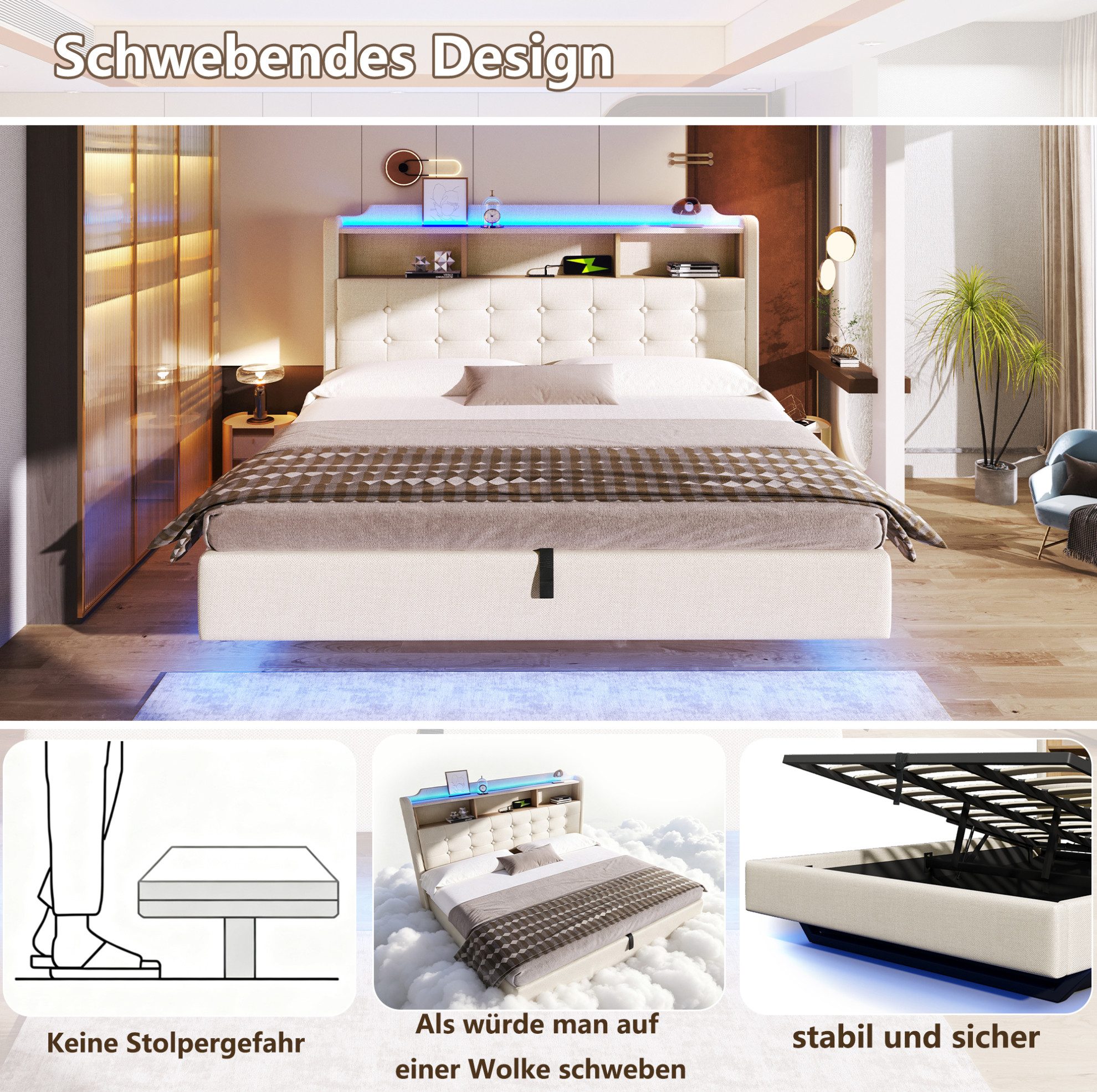 MODFU Polsterbett schwebendes Design, Leinenstoff, USB- & Typ-C-Anschlüsse (180x200 cm, Stauraumbett mit LED-Lichtleiste, großem Stauraum und integrierten Ablagefächern, 1-tlg., Funktionsbett Doppelbett), ohne Matratze