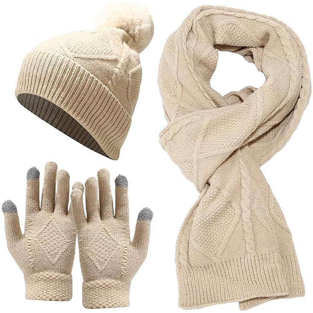 SOTOR Strickhandschuhe Schal Mütze Handschuhe Set,Warme Winterset Schnee Hut Strickschal 3-In-1 Winter-Set Beige