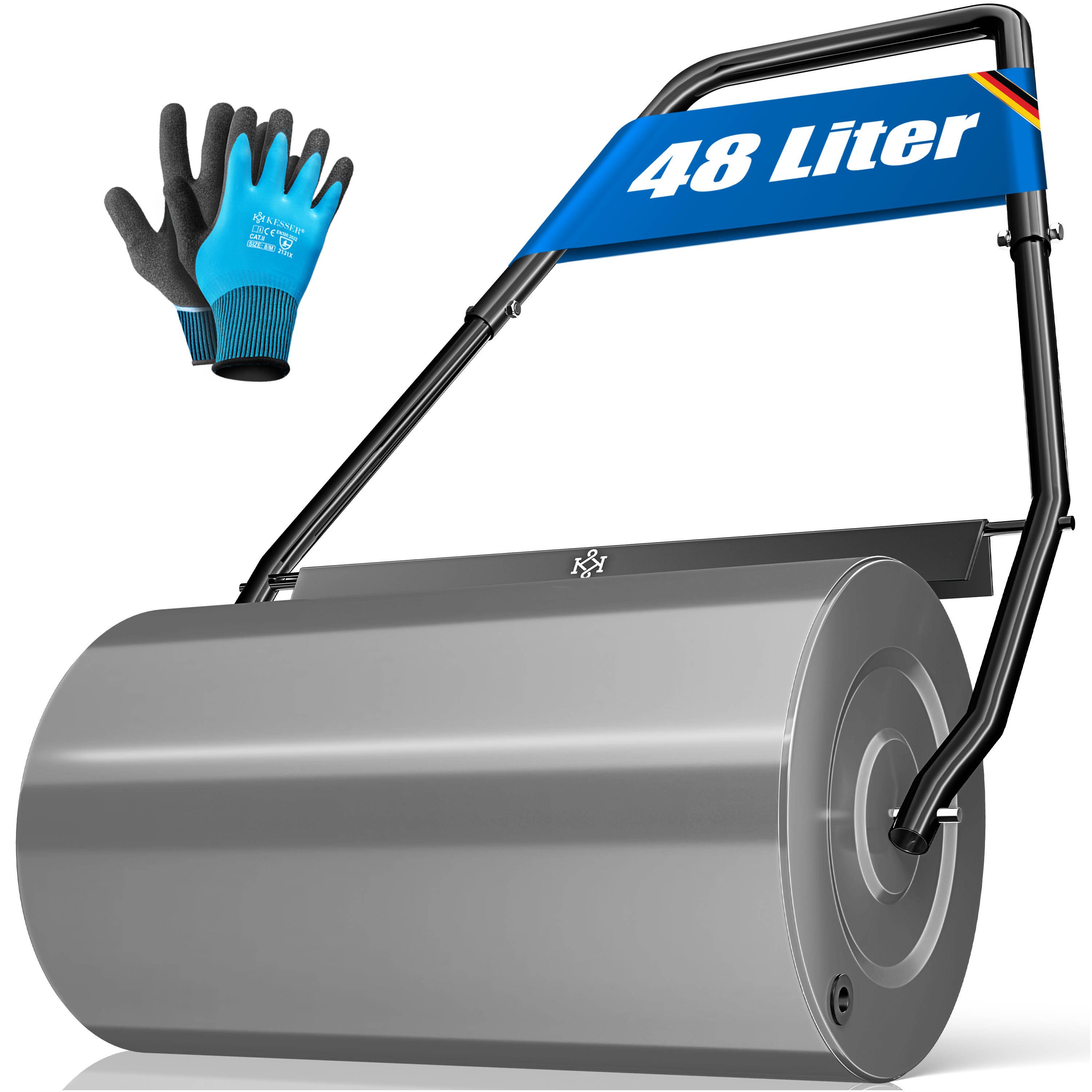 KESSER Rasenwalze Metall befüllbar mit Wasser oder Sand, Rasenroller inklusive Handschuhe,Gartenwalze mit 48 Liter Füllvolumen / 60 cm breit Handwalze