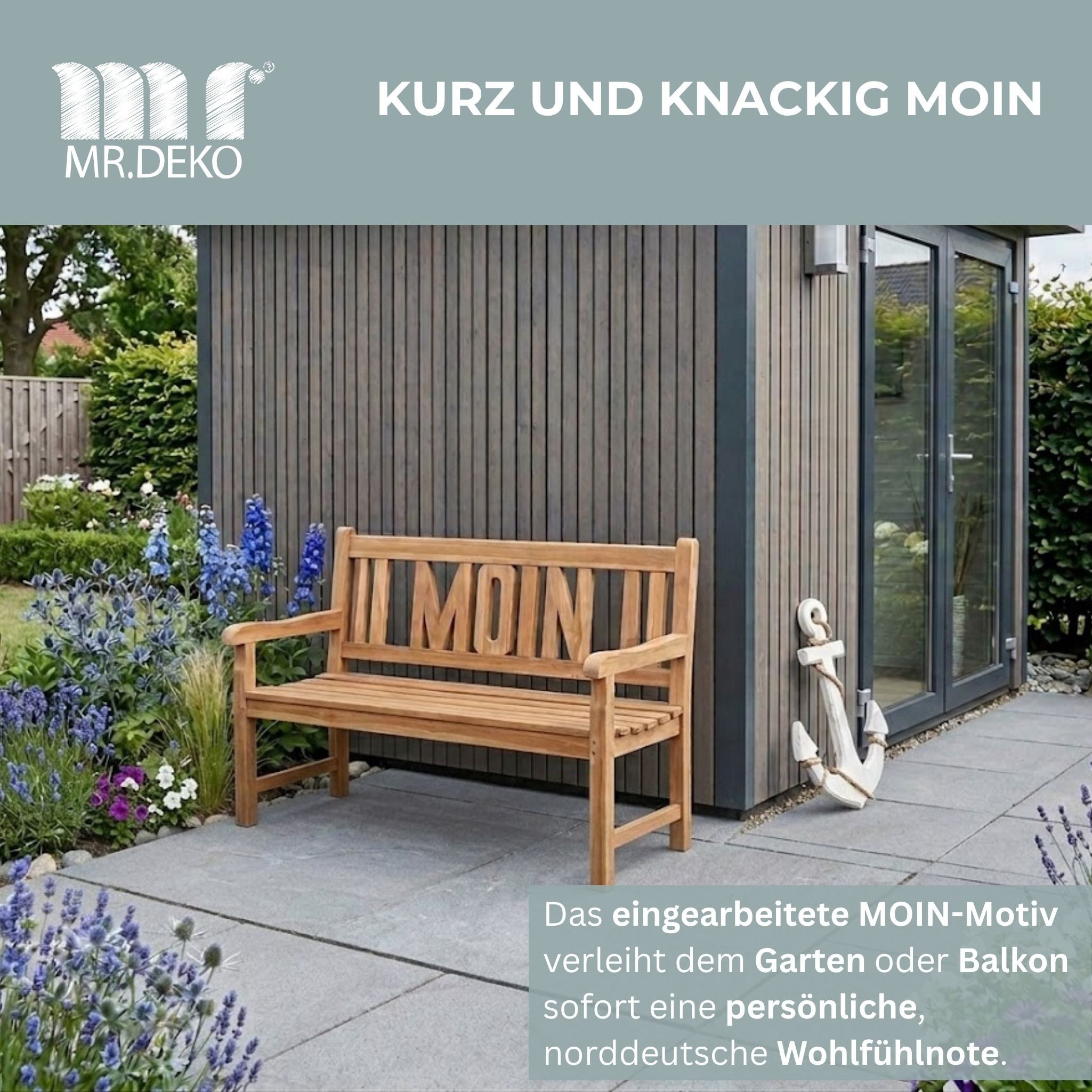 MR.DEKO Gartenbank Teak MOIN 120 cm – norddeutsch, einladend & wetterfest (2-Sitzer Bank, zerlegt geliefert, ideal für Terrasse, 1-St), Massive Sitzbank Garten  – Bild 2 von 5