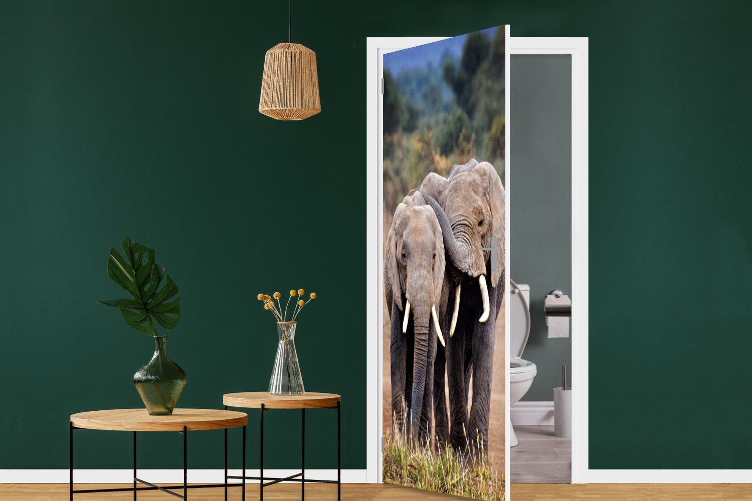 MuchoWow Türtapete Elefant 75x205 Bäume - - für Türaufkleber, - Natur, Tiere (1 Tür, Fototapete bedruckt, Matt, St), cm