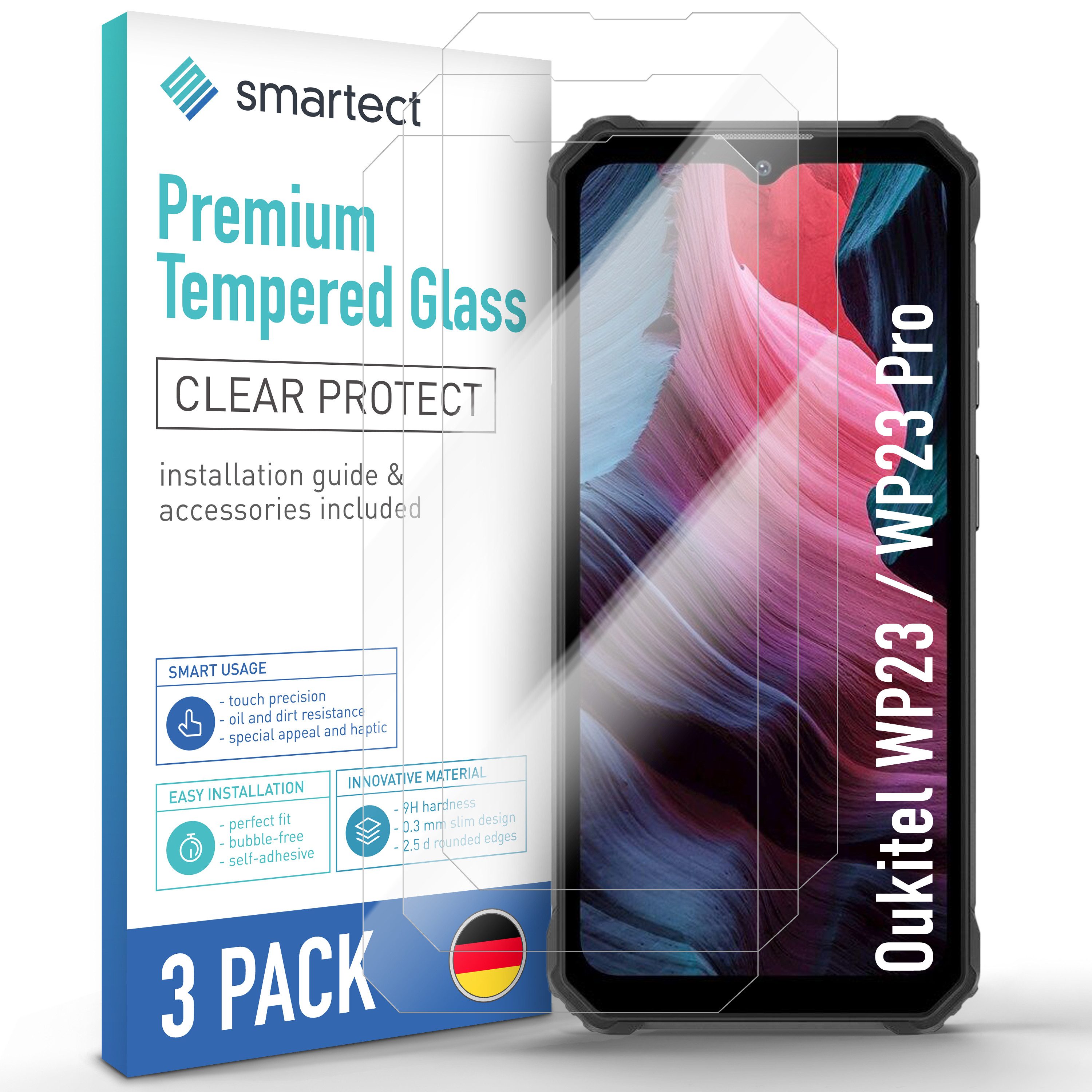 smartect Displayschutzglas Schutzglas Panzerfolie Klar für Oukitel WP23 / WP23 Pro, Set, 3 Stück, Schutzfolie Glasschutz Bildschirm