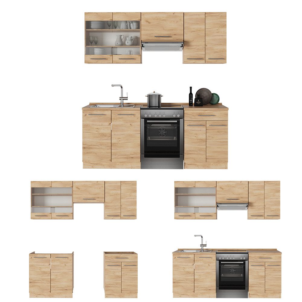 Vicco Küchenzeile Fame-Line, Goldkraft Eiche/Goldkraft Eiche, 200 cm ohne Arbeitsplatte