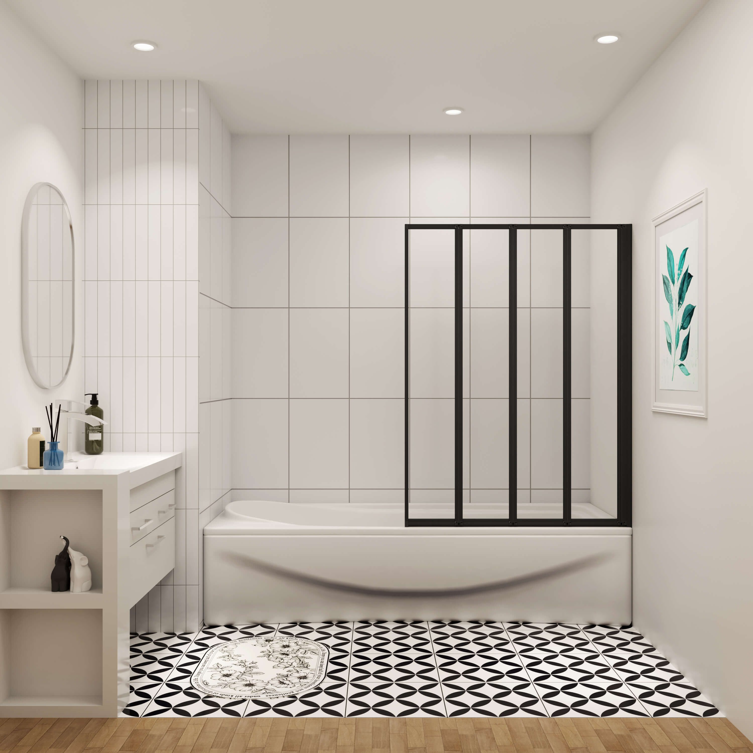 AICA Badewannenfaltwand 4mm 4-teilig schwarz Duschwand Trennwand Faltwand , Einscheibensicherheitsglas,Sicherheitsglas, mit Antikalk-Versiegelung,ebenerdiger Einbau möglich