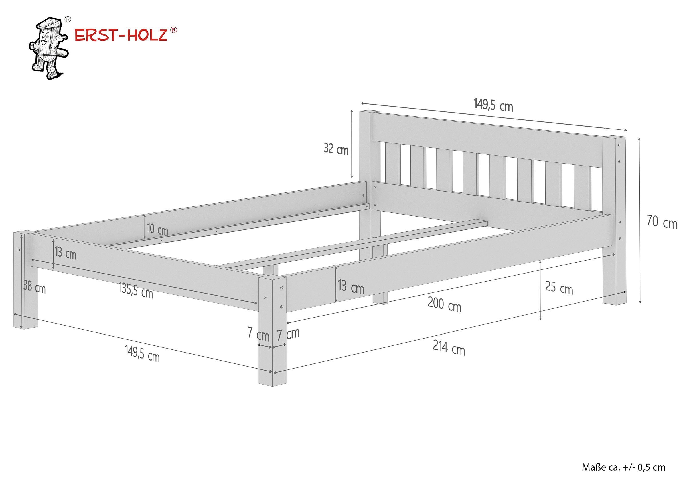 Bett Kiefer ERST-HOLZ Kieferfarblos lackiert und Massivholzbett Rost Matratze, Doppelbett 140x200 mit