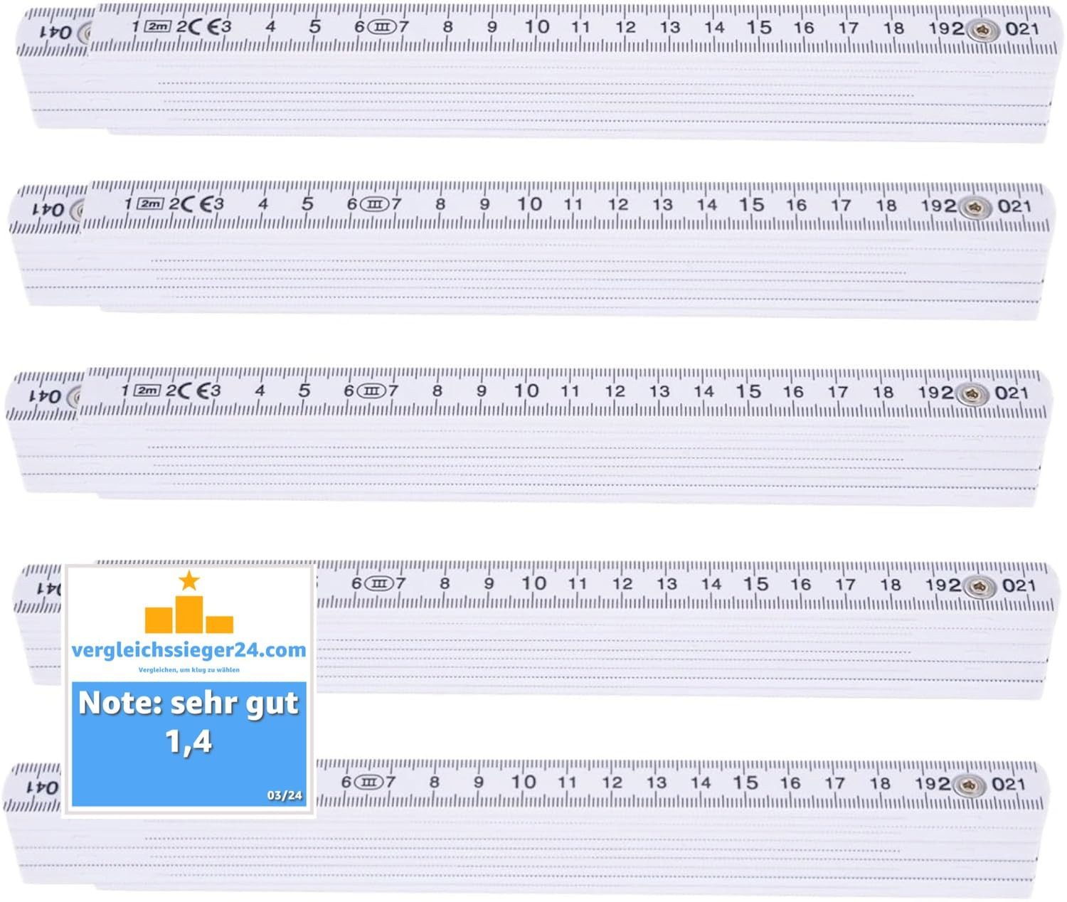 toolmate® Zollstock 5x Premium Werkzeug 200 cm - Gliedermaßstab 2m - Meterstab weiß, UV-resistente Druck / mit stabilem Drehgelenk