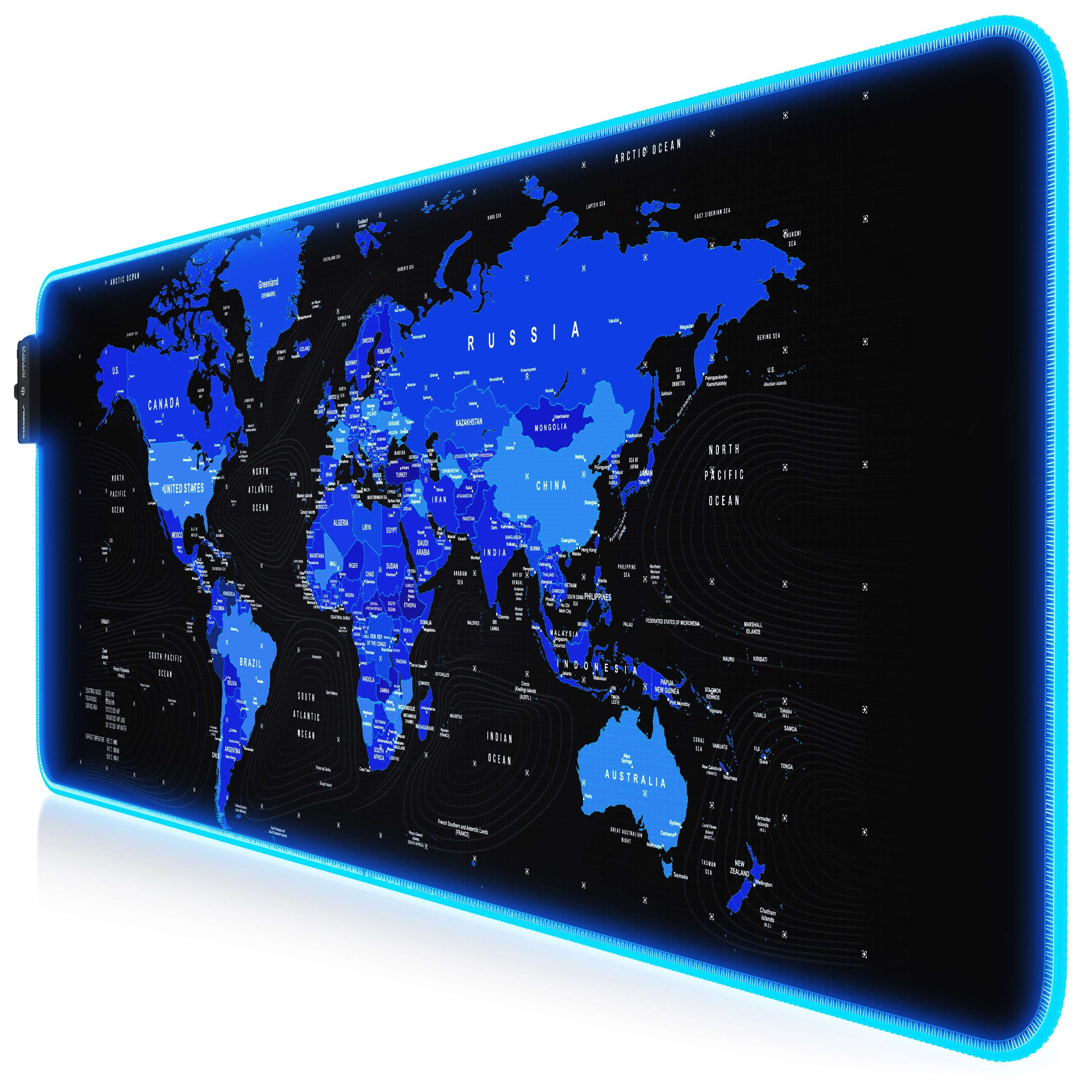 Titanwolf Gaming Mauspad RGB Mousepad 800 x 300 x 3 mm, LED Multi Color XL Tischunterlage (1-St), rutschfest, abwaschbar, Geschwindigkeit & Präzision, Weltkarte blau