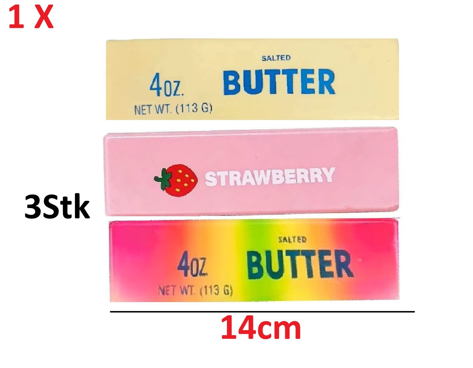 OLi Therapieknete 3X Verschiedene Farben Squishy Butter – Weiche dehnbare Knetmasse (weicher Slow Rising Squishy im lustigen Butter-Design, 1-tlg., L-13,3cm / B-3,5cm), Anti-Stress, Spielspaß für Kinder & Erwachsene