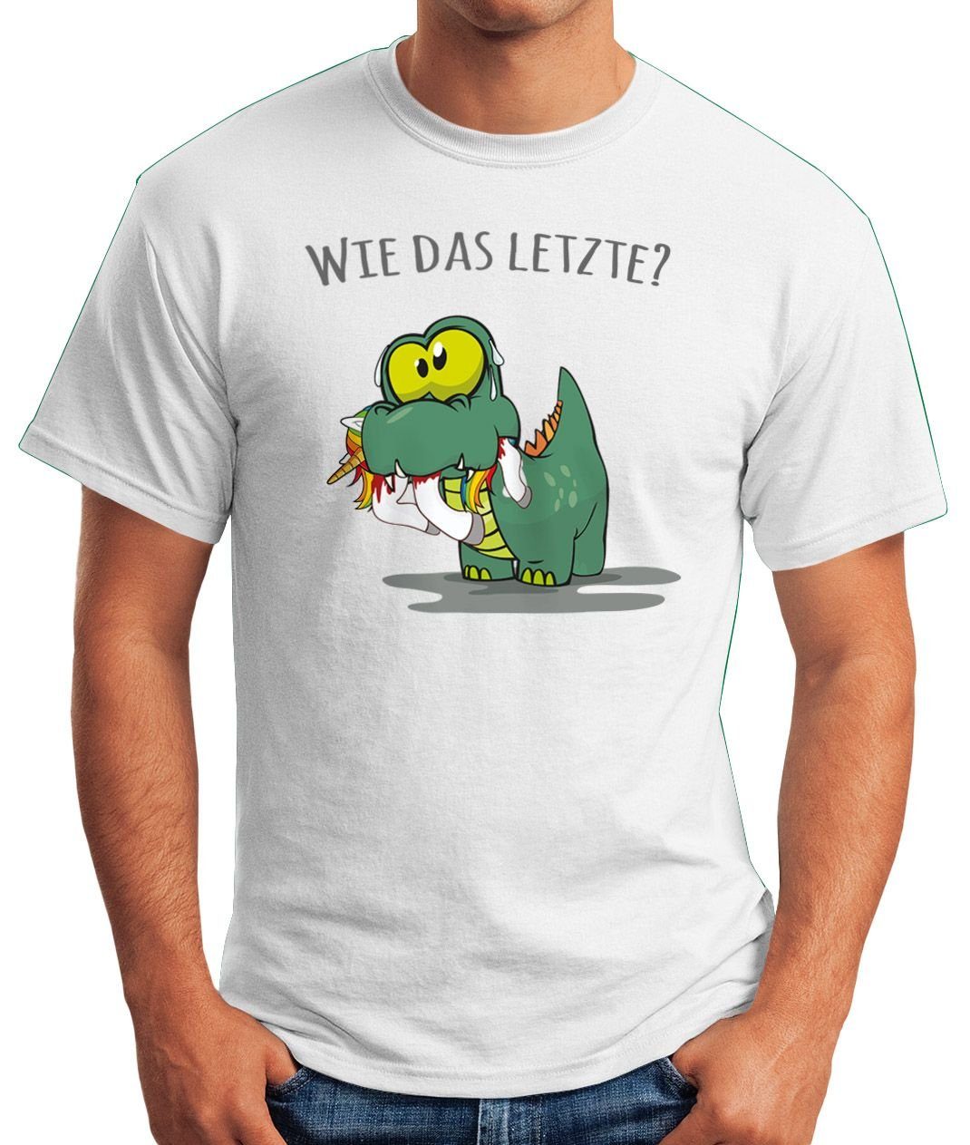 Dino mit Einhorn Print das Herren Print-Shirt frisst Fun Letzte?" kleiner Spruch Motiv T-Shirt Fun-Shirt "Wie Moonworks® MoonWorks lustig
