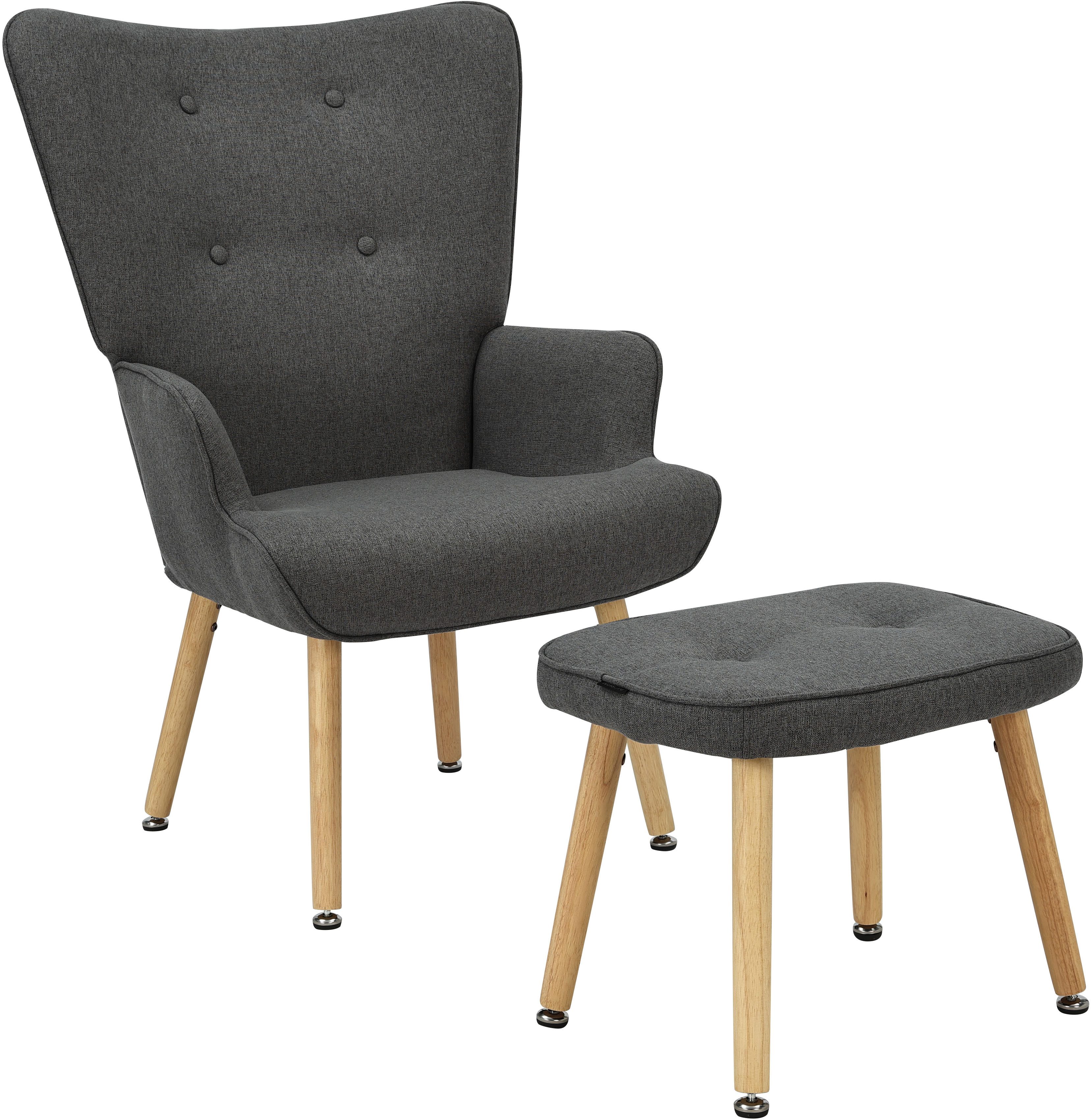 INOSIGN Ohrensessel PERHAM, Sessel mit Hocker im Set, Knopfheftung, Massivholz-Füße, komfortabler Relaxsessel und Sitz-Hocker mit Strukturbezug