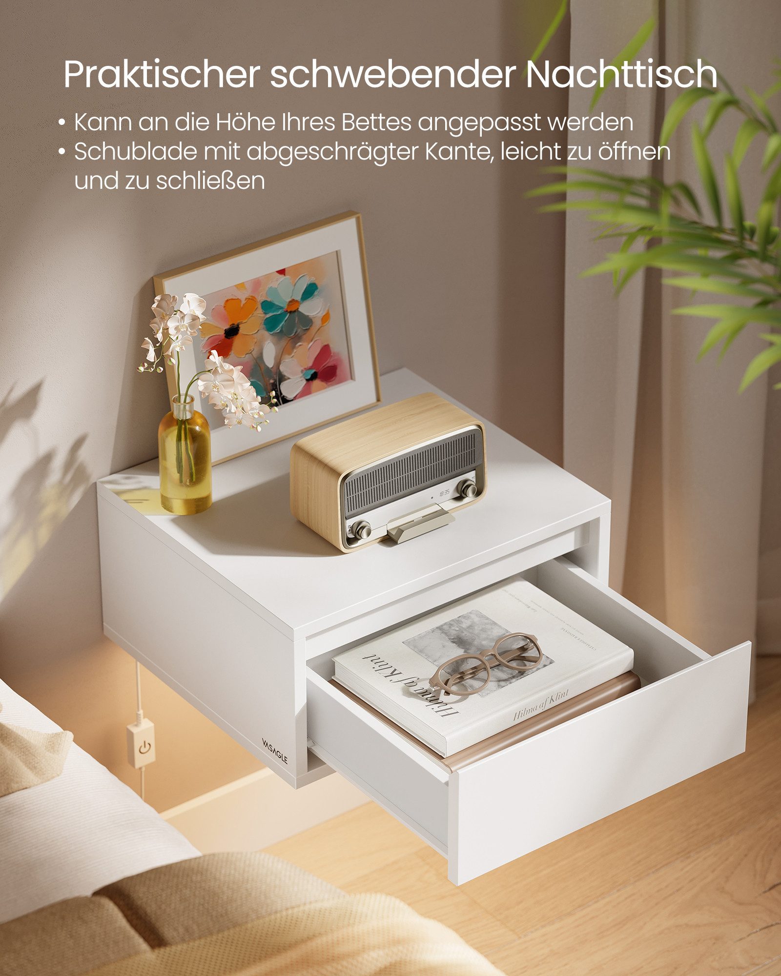 VASAGLE Nachttisch (1-St), hängend, Leuchte mit 3 Farben, schwebendes Wandregal, Schublade