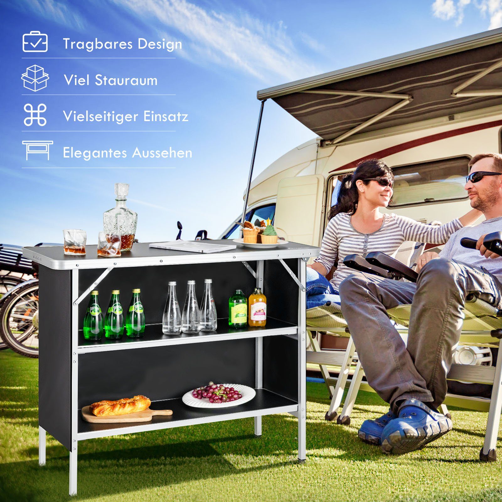 COSTWAY Campingtisch Klapptisch mit Stauraum, faltbar, 2 Regalen, aus Alu – Bild 2 von 5
