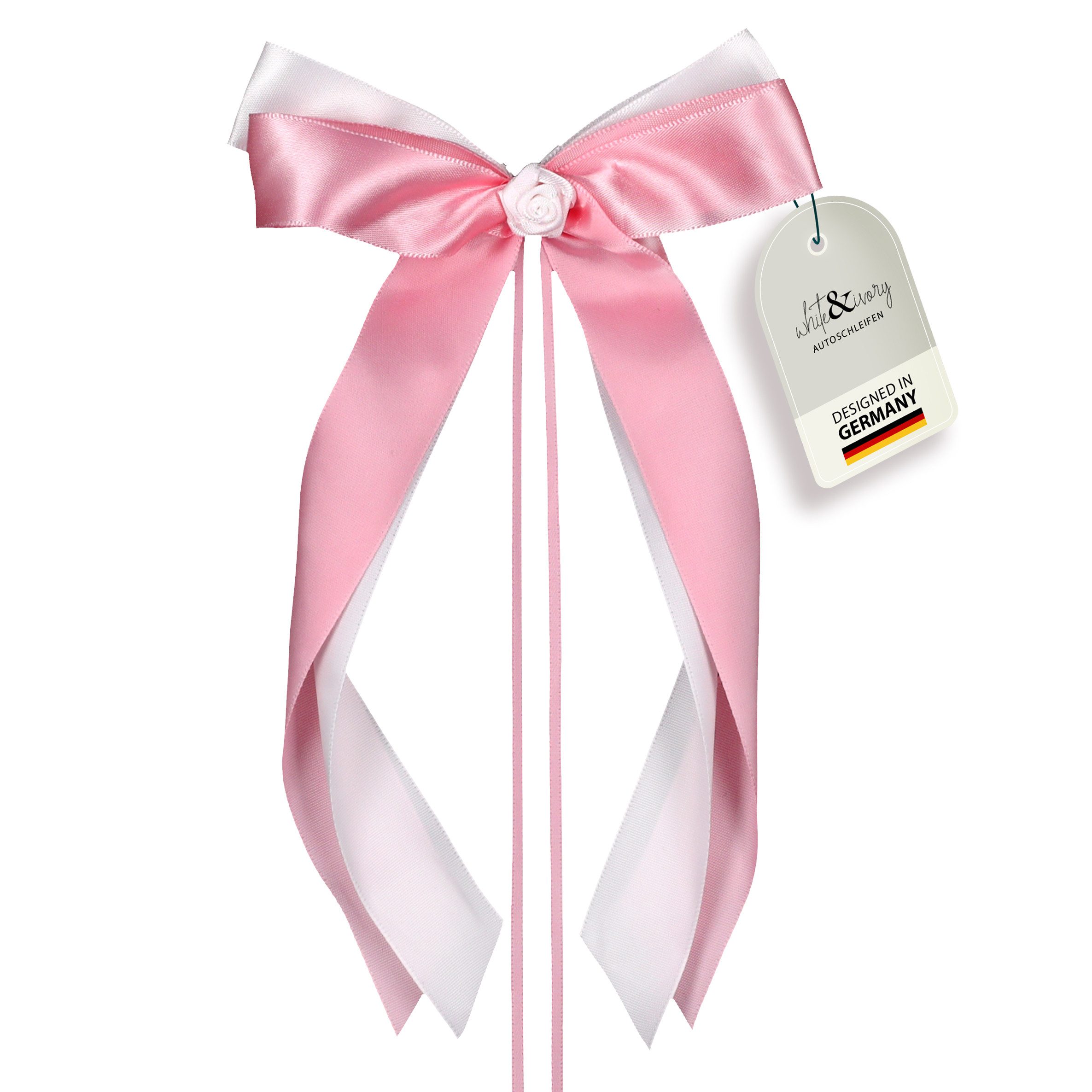 white & ivory Dekoobjekt Autoschleifen Hochzeit mit Rose + extra langem Befestigungsband (25 St)