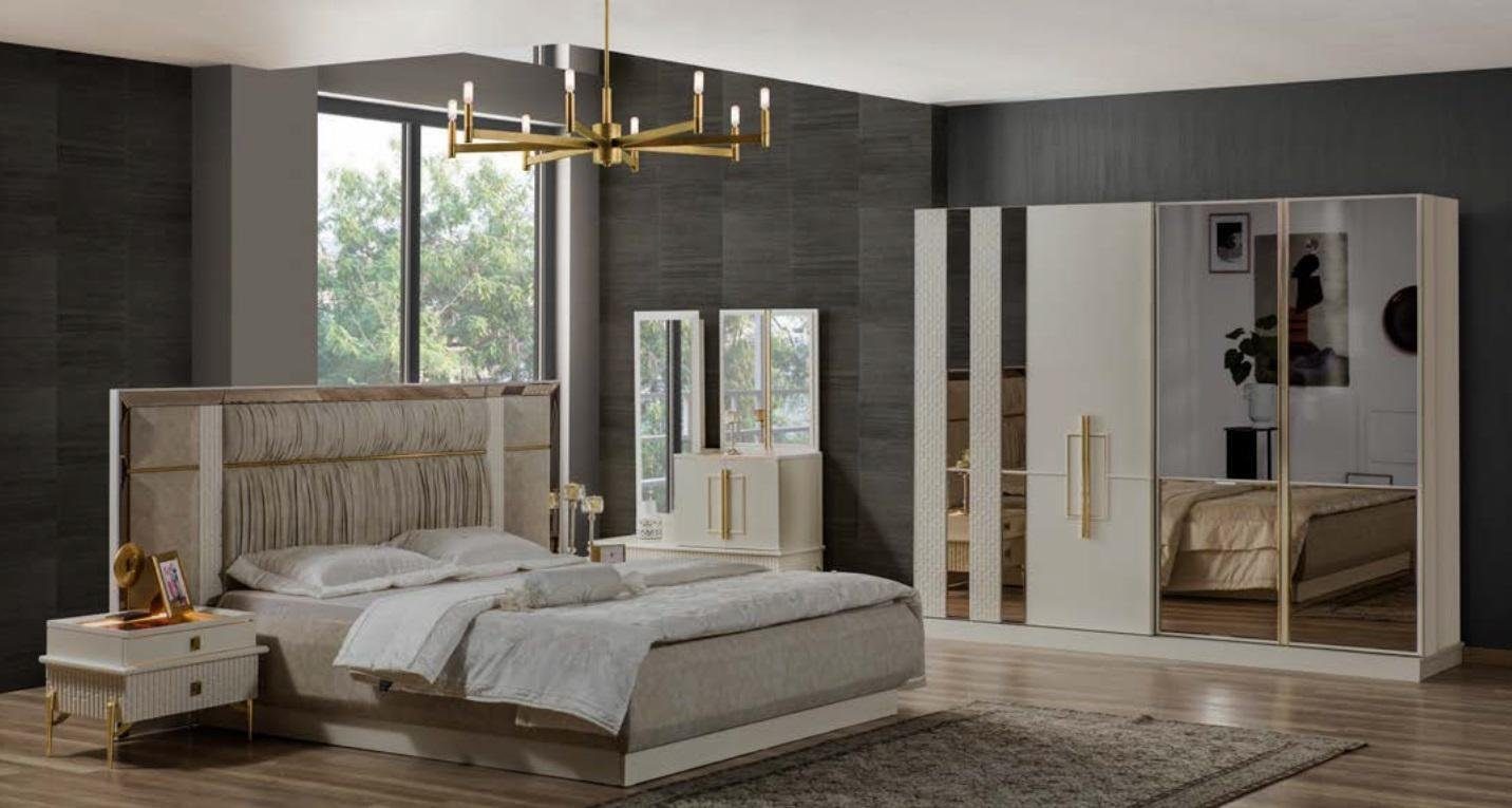 Schlafzimmer-Set Doppelbett Schlafzimmer Garnitur Holz Beige Stoff Nachttische Set 4tlg