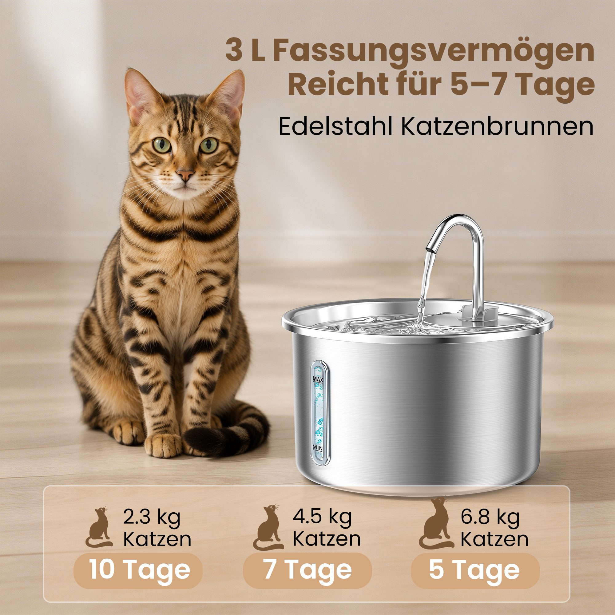 DAITORE Trinkbrunnen Katzenbrunnen Edelstahl 3L mit Filter & leiser Pumpe 3 l, Katzentrinkbrunnen mit LED, Sichtfenster - Wasserstandsanzeige