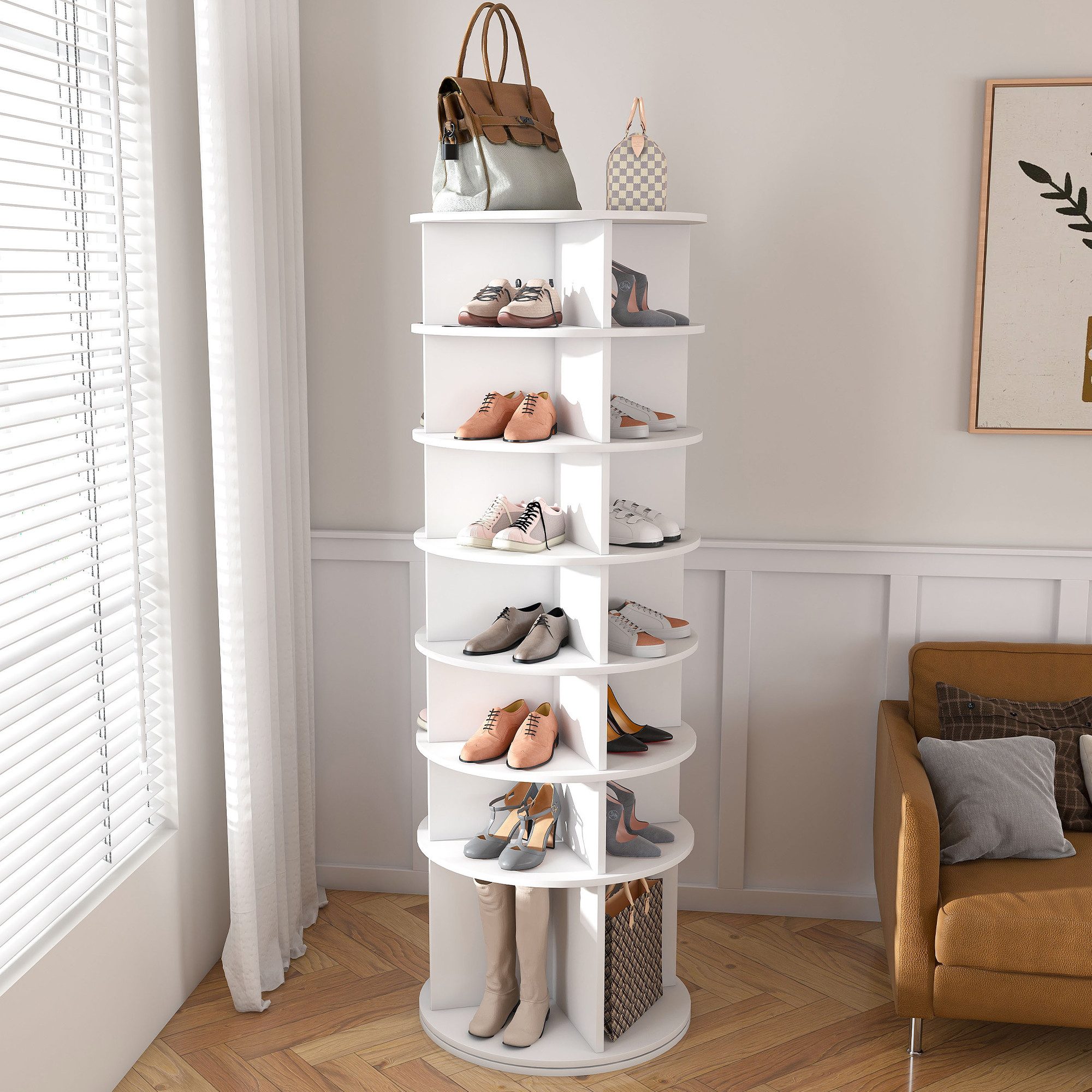 MC Star Schuhregal Drehbares mit 360° Drehfunktion, freistehend, platzsparend für bis zu 28 Paar Schuhe, Höhenbasis für Stiefel, weiß (60 × 60 × 184 cm), 7 Ebenen
