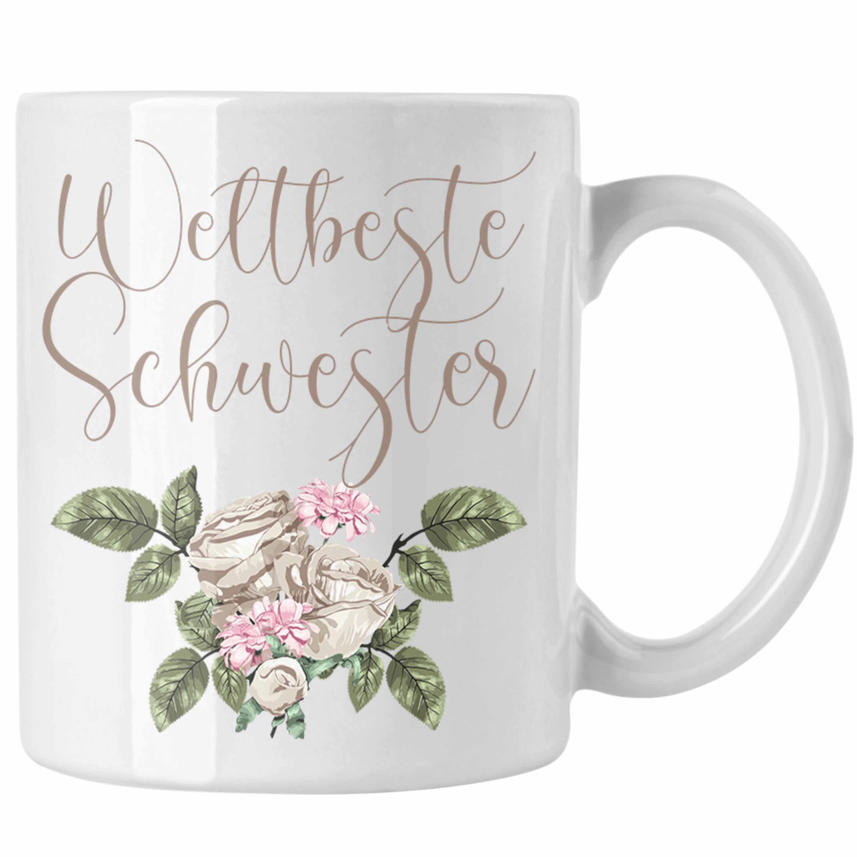 Trendation Tasse Trendation - Weltbeste Schwester Tasse Geschenk Schwesterherz Lustiger Spruch Geburtstag Schwester Weiss