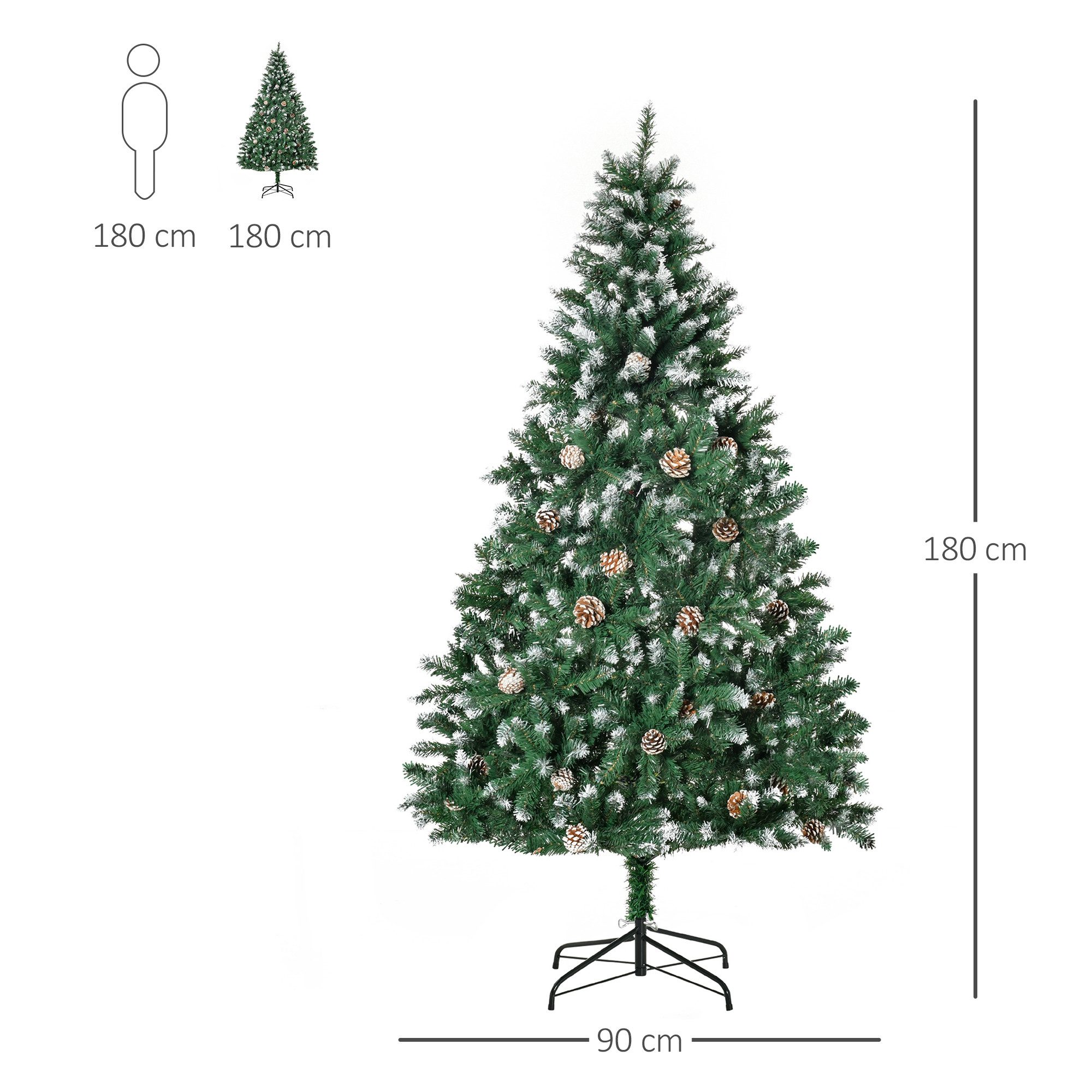 HOMCOM Künstlicher Weihnachtsbaum künstlich Christbaum 180 cm mit 59 Zapfen, Schnee, 1111 Spitzen, Kieferbaum, Weihnachtsdeko inkl. Metallständer für drinnen – Bild 3 von 5