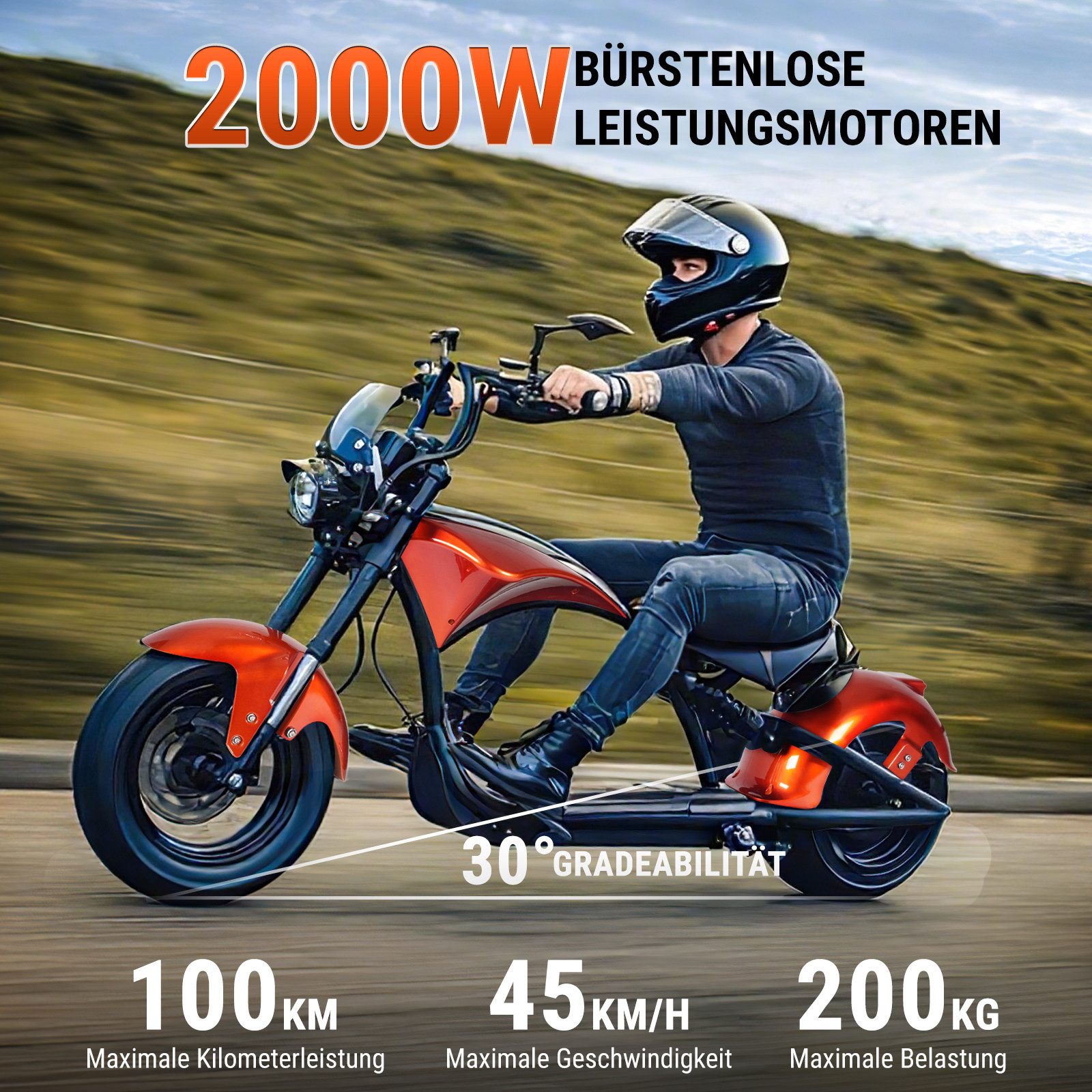 Vankel E-Motorroller M1P-orange 60V 2000W Motor 30AH 45km/h Bis zu 100km, 45 km/h, 100 km Reichweite, scheibenbremsen, StoBdämpfer vorne und hinten