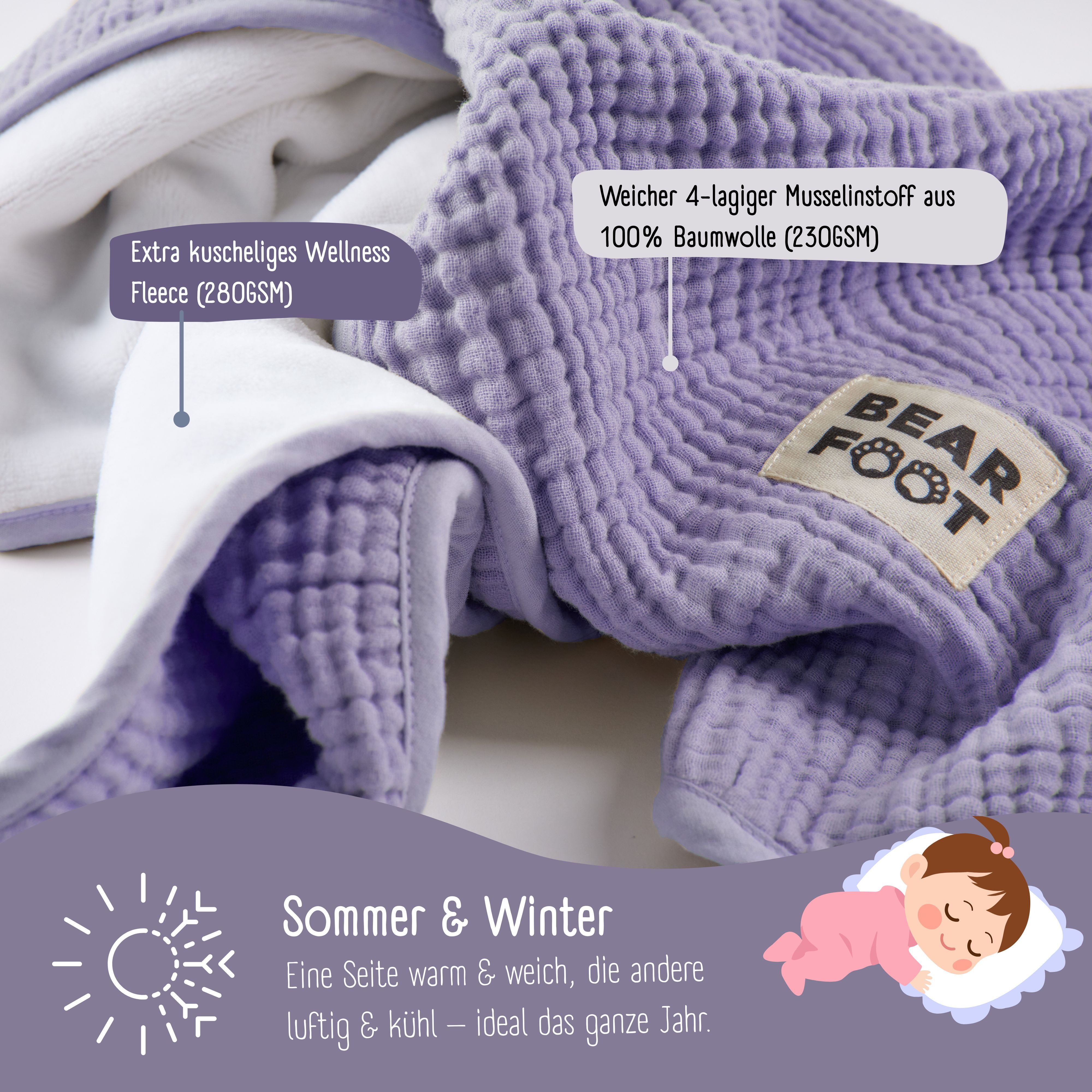 Babydecke Babydecke Musselin Fleecedecke flauschig weich - lila, BEARFOOT, flauschige Kuscheldecke, Baby, Neugeborene, Geschenk Junge & Mädchen