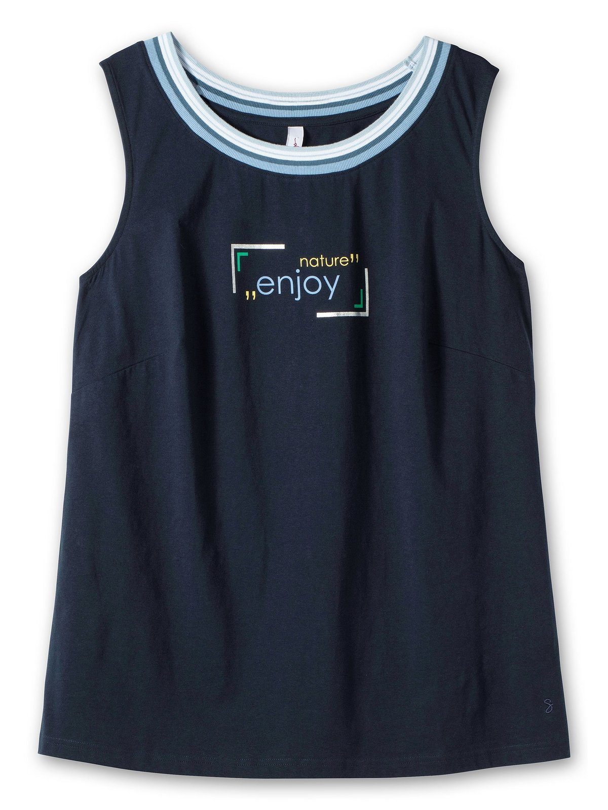 SHEEGO Tanktop Große Größen mit gestreifter Rippblende und Wordingprint mehr