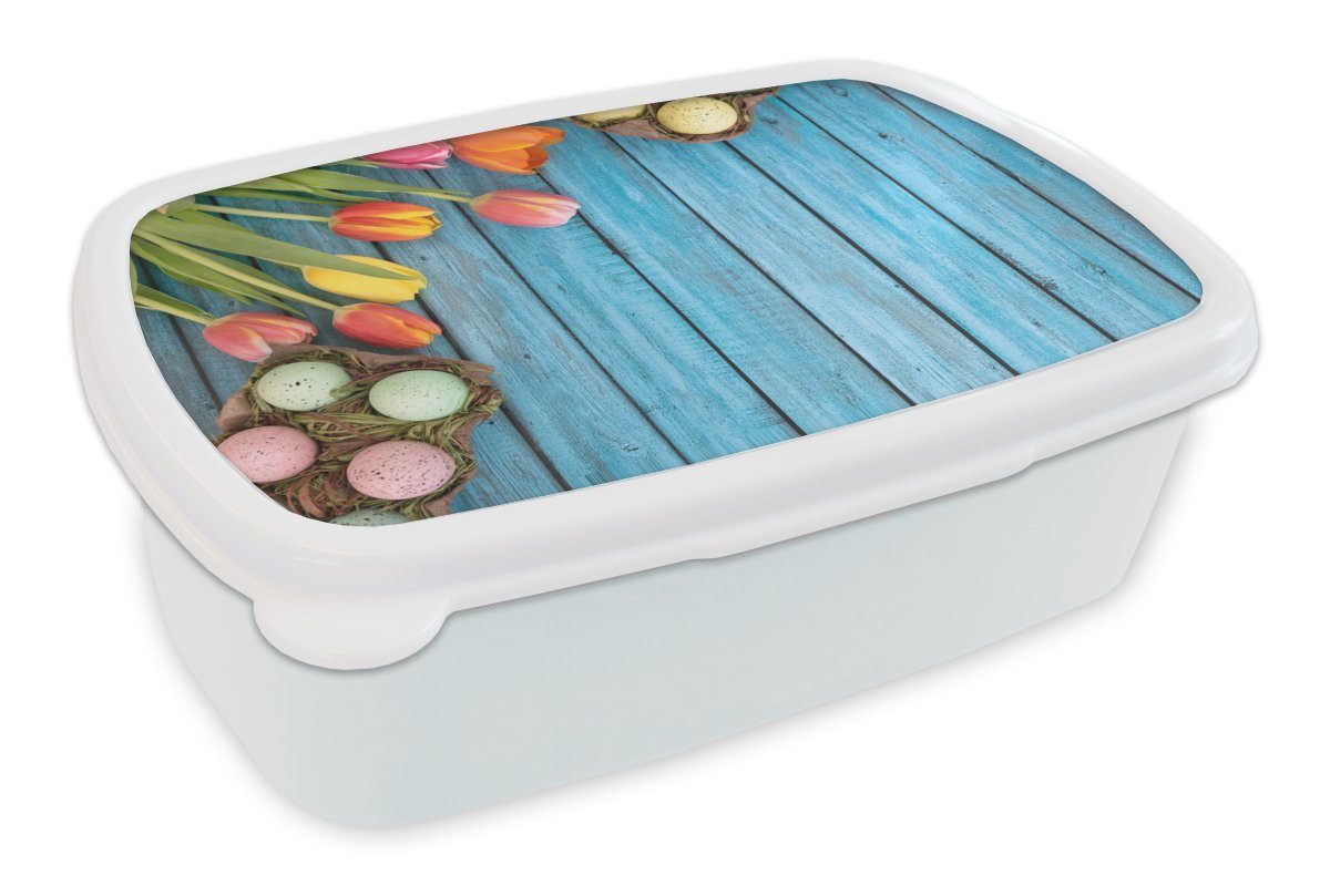 auf Erwachsene, für und für Kinder Brotdose, zu Mädchen weiß Jungs Tulpen Ostern Ostereier hölzernen einem und MuchoWow bunte Lunchbox Brotbox (2-tlg), Hintergrund, und Kunststoff,