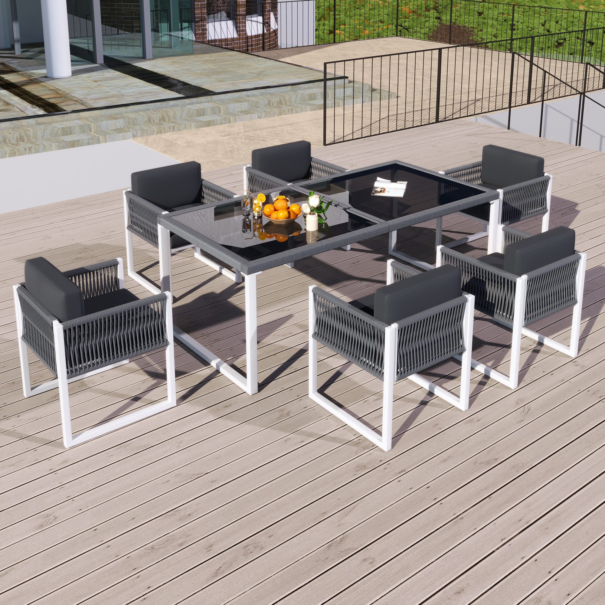 Merax Sitzgruppe aus Seil, (7-tlg., Gartenlounge Terrassenmöbel Gartengarnitur), 6-Sitzer Gartenmöbel-Set mit Sessel & Tisch mit gehärteter Glasplatte