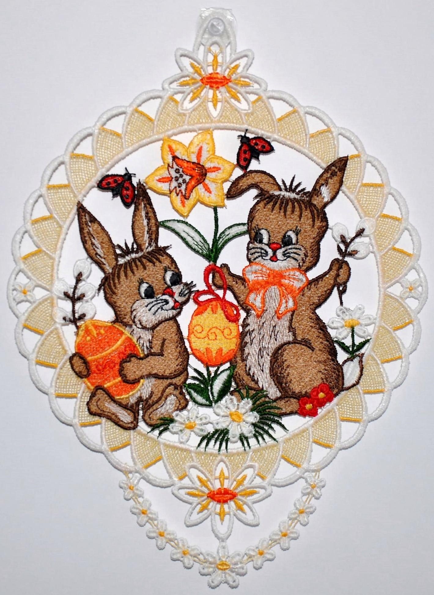 Stickereien Plauen Fensterbild Fensterbild Hasenpärchen, Echte Plauener Spitze