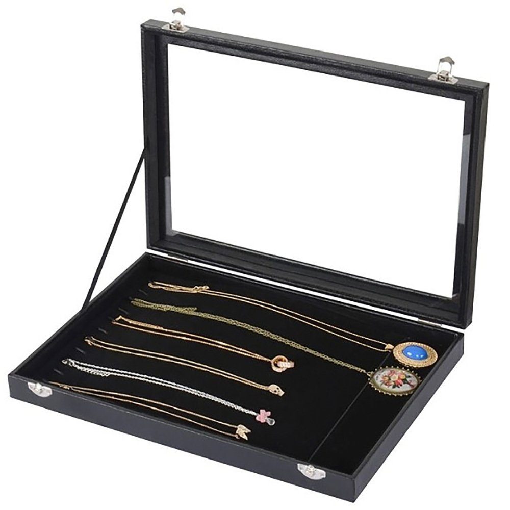 Sinoba Schmuckkasten Schmucklade Schmuckkästchen Schmuckbox für Ringe Ketten Ohrringe, Holz-Korpus, Velours-Bezug, mit Echtglas-Deckel