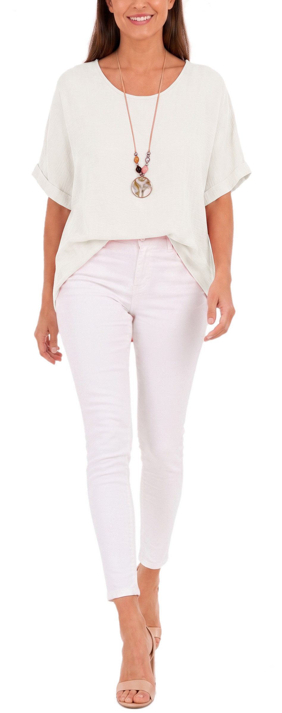 dy_mode Kurzarmbluse Kurzarmbluse Damen Blusenshirt Oberteil Oversize Tunika in Unifarbe, mit Statementkette