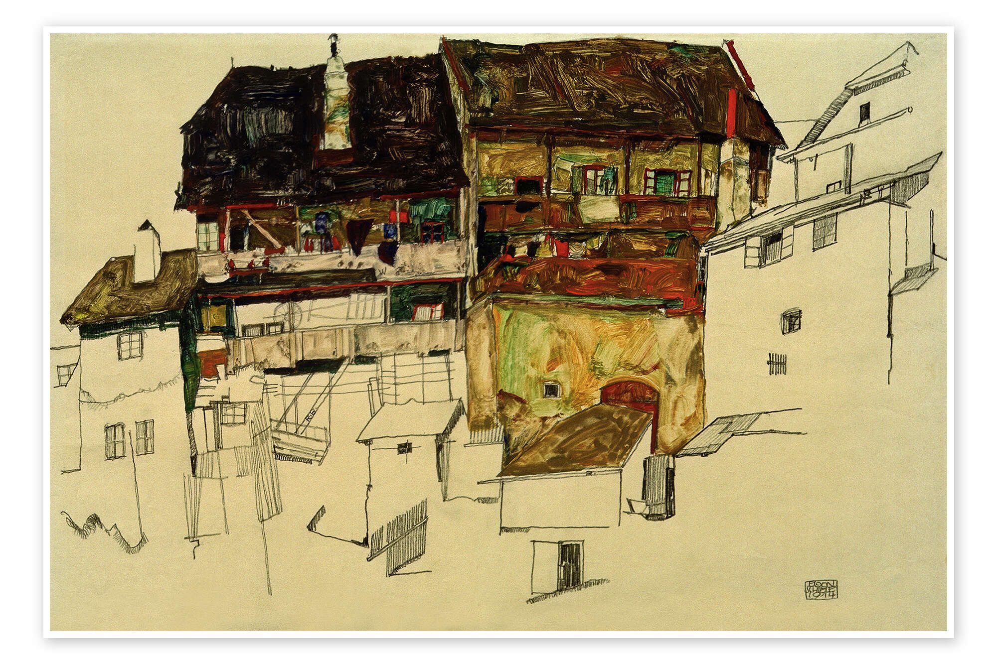 Posterlounge Wandbild Alte Häuser in Krumau, 1914, Egon Schiele, erhältlich als Poster, Leinwandbild, Wandsticker oder Acrylglasbild