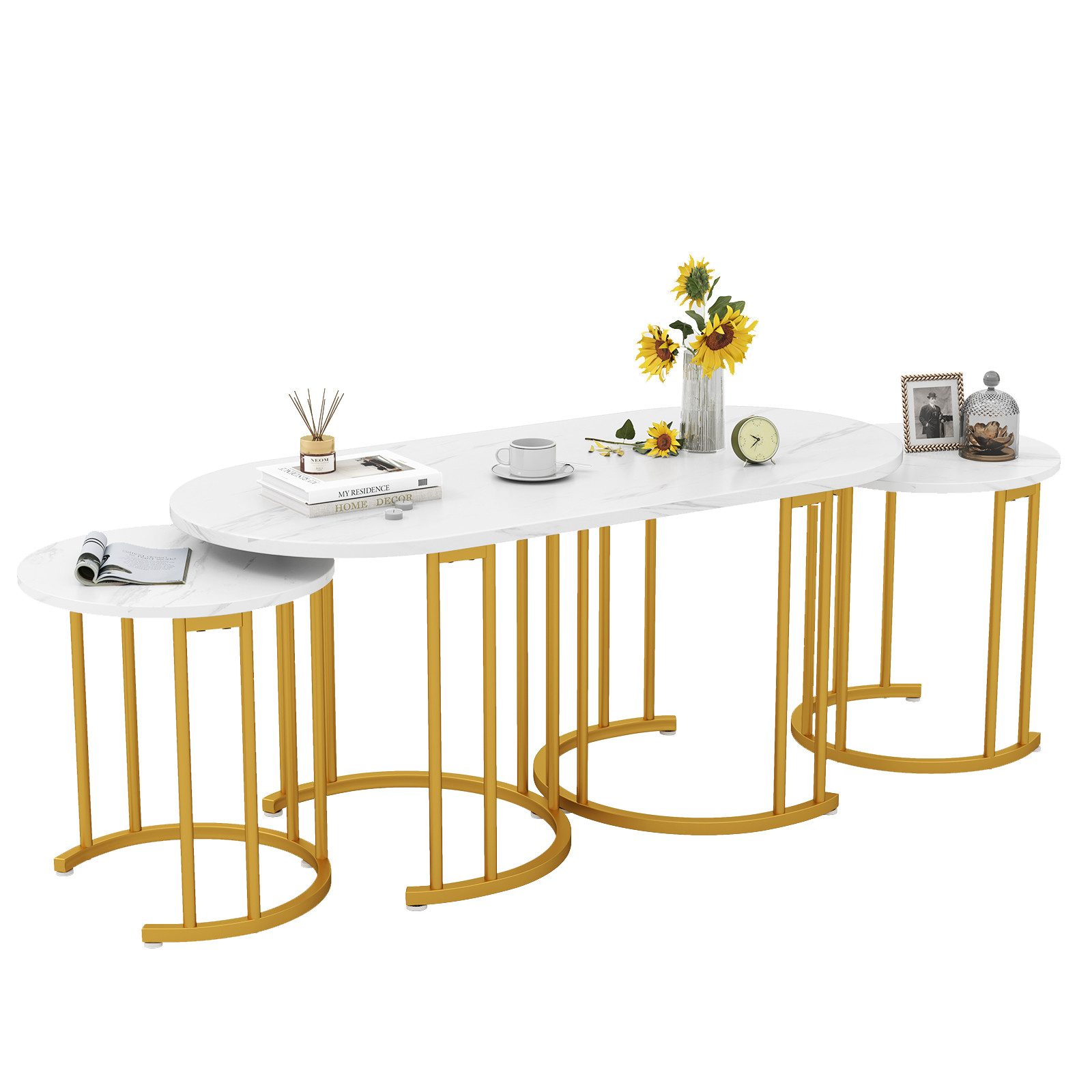 COSTWAY Couchtisch stapelbare Beistelltische (3er Set), Marmor, gold