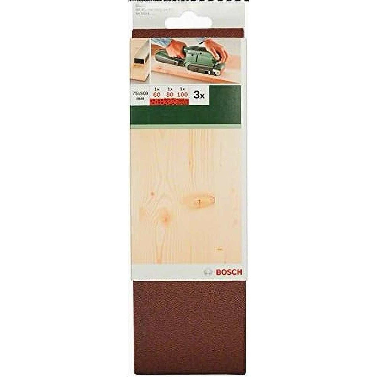 BOSCH Schleifpapier Schleifband 3 Stück, 75 x 508 mm Körnung 60 / 80 / 100 Bandschleifer