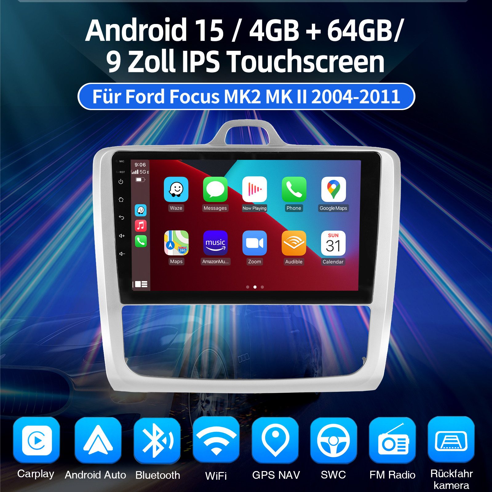 ESSGOO Für Ford Focus MK2 MK II 2004-11 Android 15 Autoradio Carplay Navi RDS Autoradio (RDS, 4+128GB(optional), 4+64GB(optional), FM, AM, DAB+ (optional), Apple Carplay & Android Auto,Bluetooth,ASP)