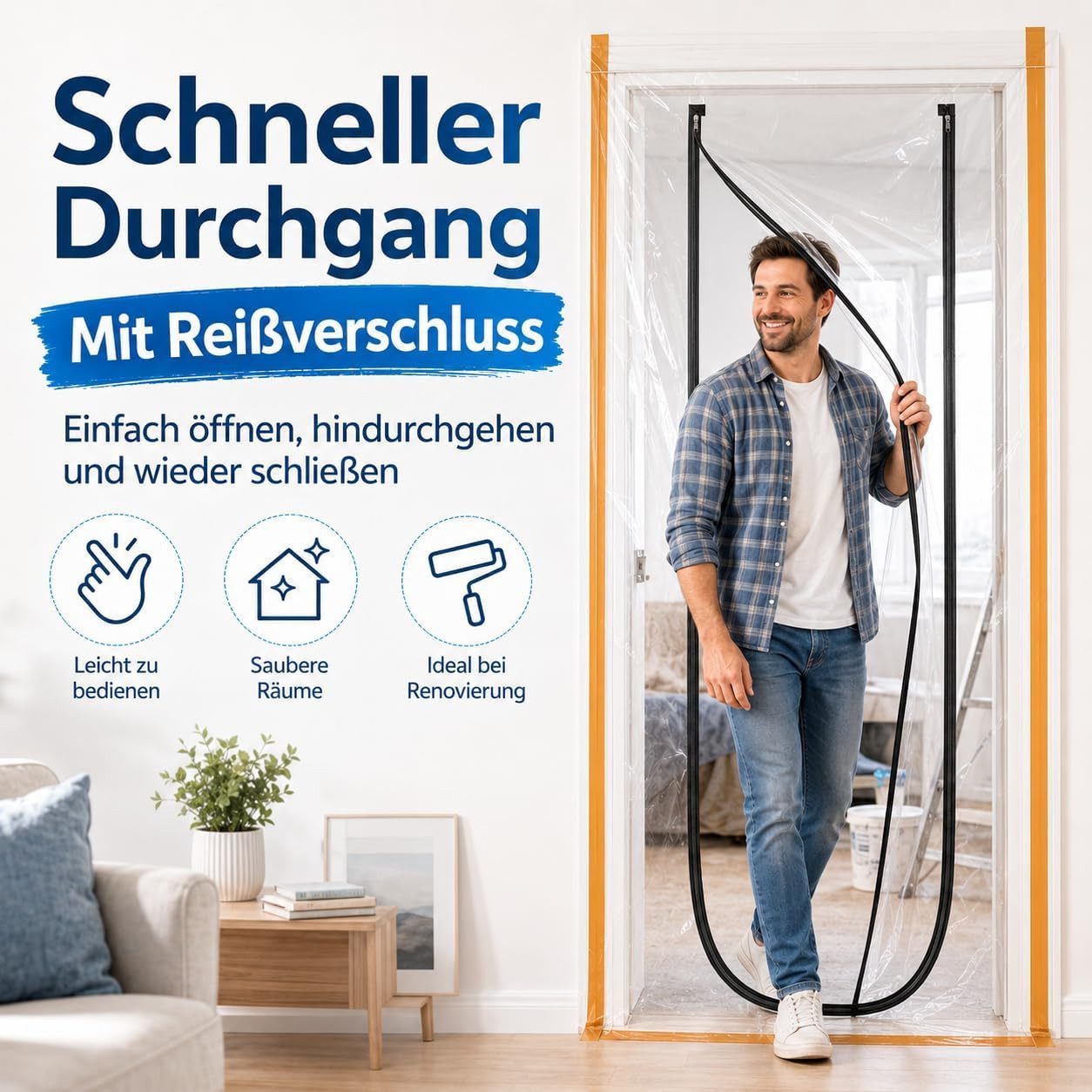 TK Gruppe Staubschutztür Staubschutz-Folientür 110 × 220 cm mit Reißverschluss, Easy Comfort, (1-St) – Bild 4 von 5