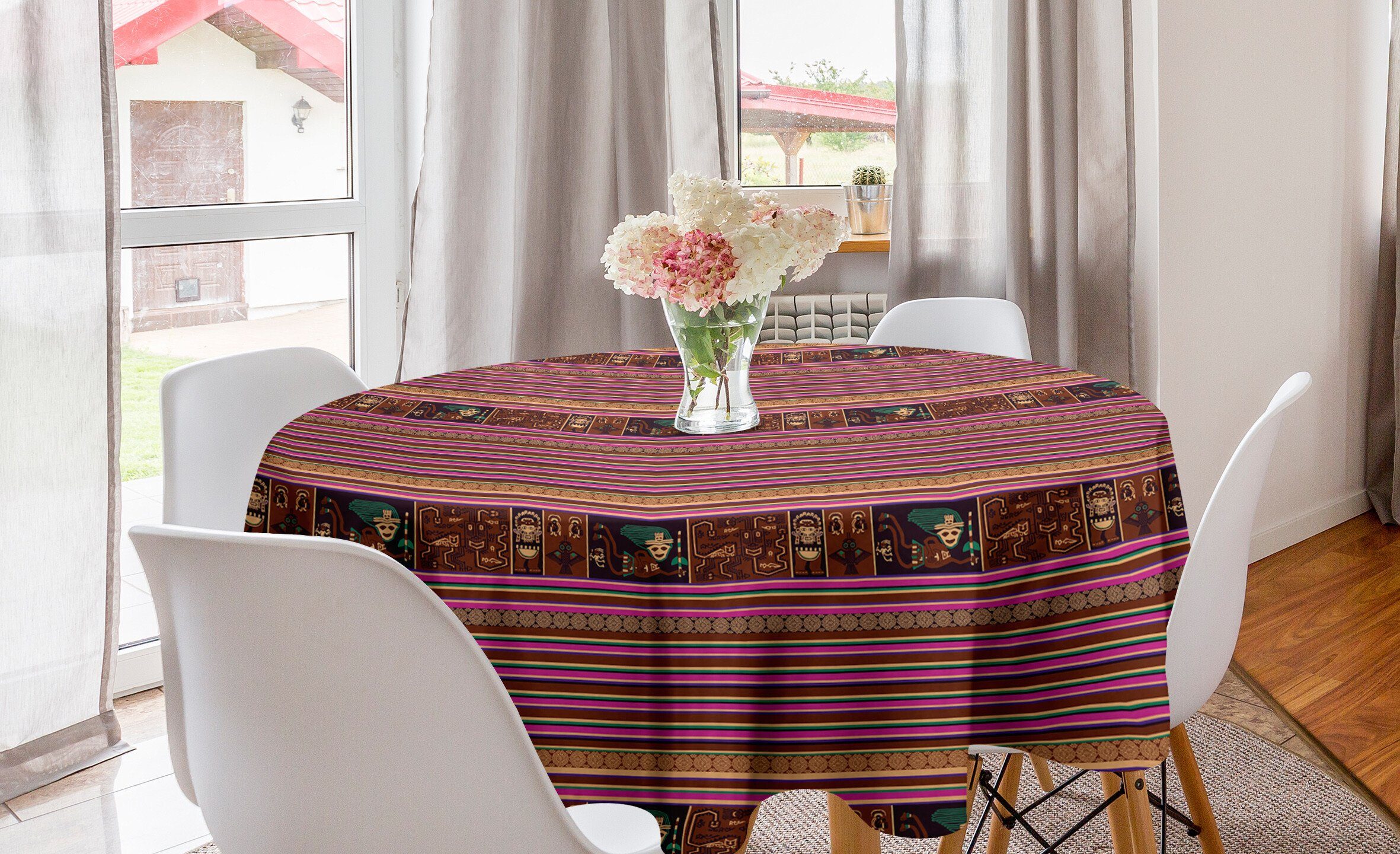 Stripes Folk Ethnisch Tischdecke für Esszimmer Motive Tischdecke Abdeckung Küche Dekoration, Kreis Abakuhaus
