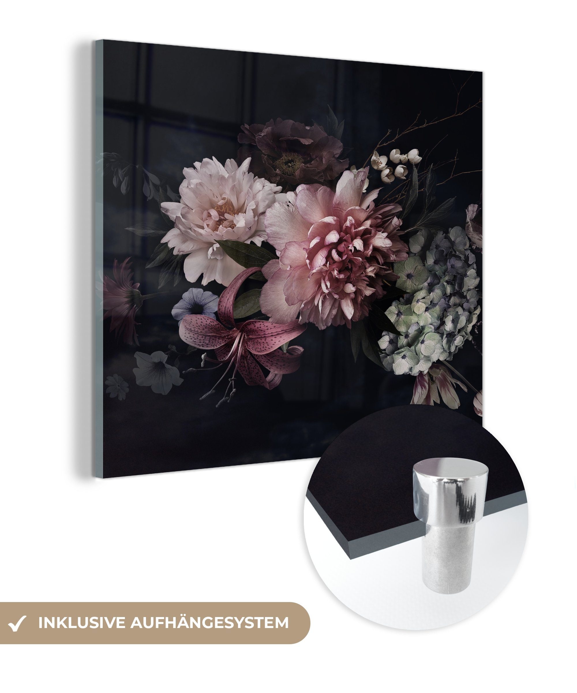 MuchoWow Acrylglasbild Blumen - Vintage - Pastell - Schwarz - Blumenstrauß, (1 St), Glasbilder - Bilder auf Glas Wandbild - Foto auf Glas - Wanddekoration