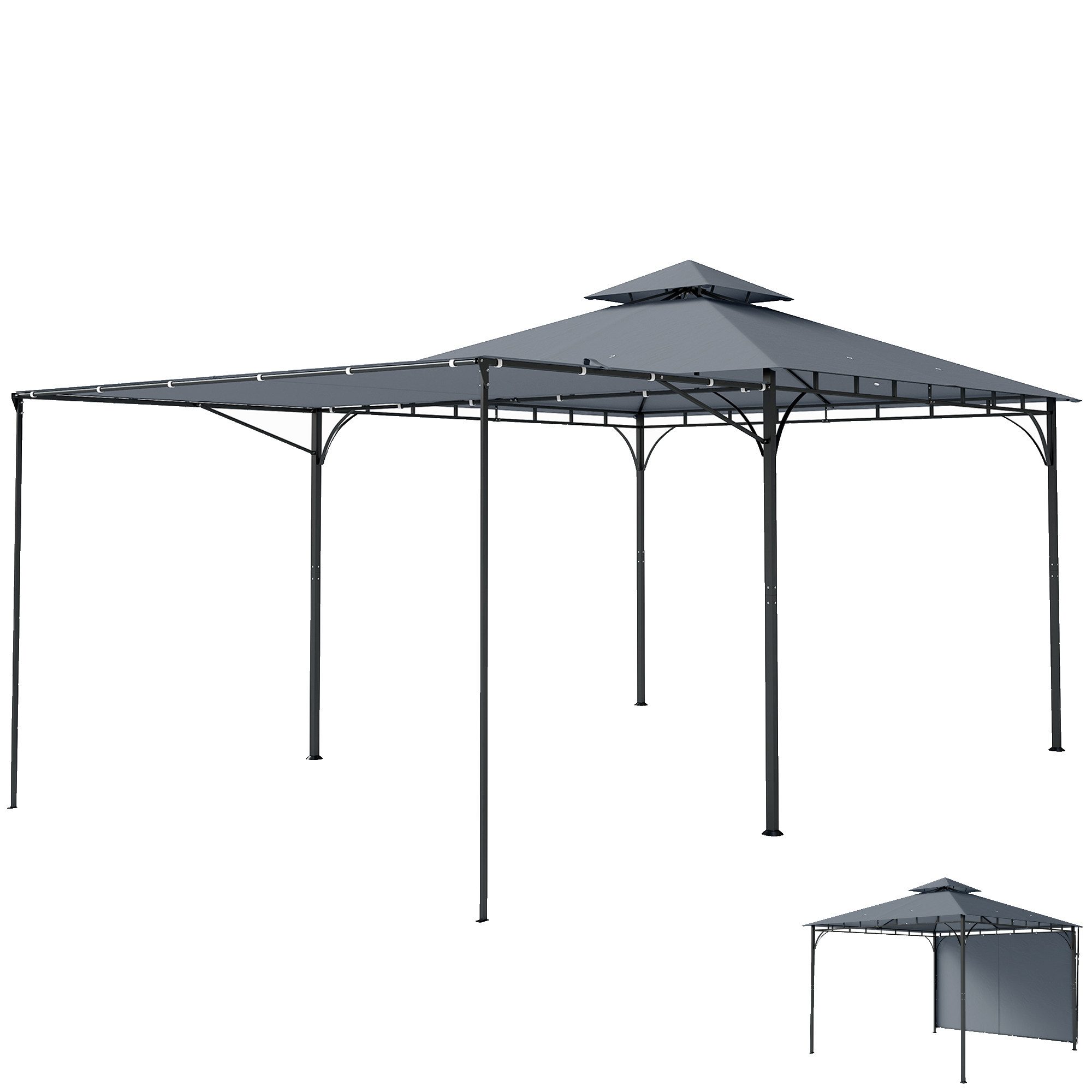 Outsunny Pavillon mit ausziehbaren Dachüberstand, Doppeldach, mit 1 Seitenteilen, (Gartenpavillon, Garten Pavillon), für Garten, Terrasse, Dunkelgrau