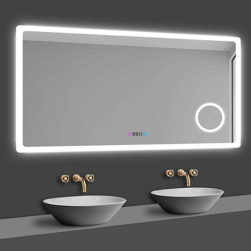 duschspa Badspiegel 80-160cm 3 Lichtfarbe 2700-6500K, Uhr, Touch, Beschlagfrei, 3-Fach Vergrößerung Schminkspiegel energiesparend, dimmbar