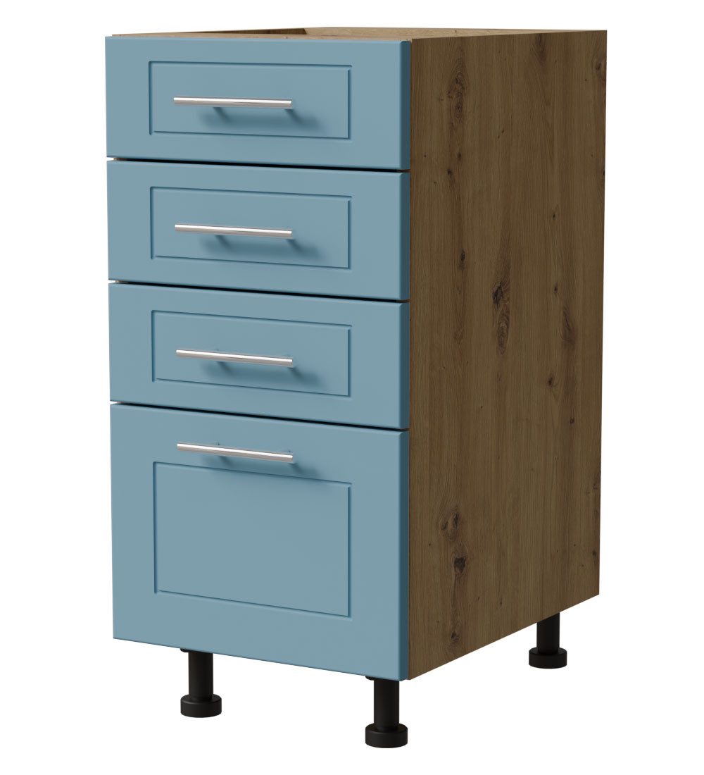 Feldmann-Wohnen Unterschrank Bari (D4A/40, 4 Schubladen, HETTICH InnoTech Atira Vollauszug, 1-St., moderne Kassettenoptik, lackierte Fronten, 40x50x82cm) Eiche Artisan / RAL 5024 pastellblau matt