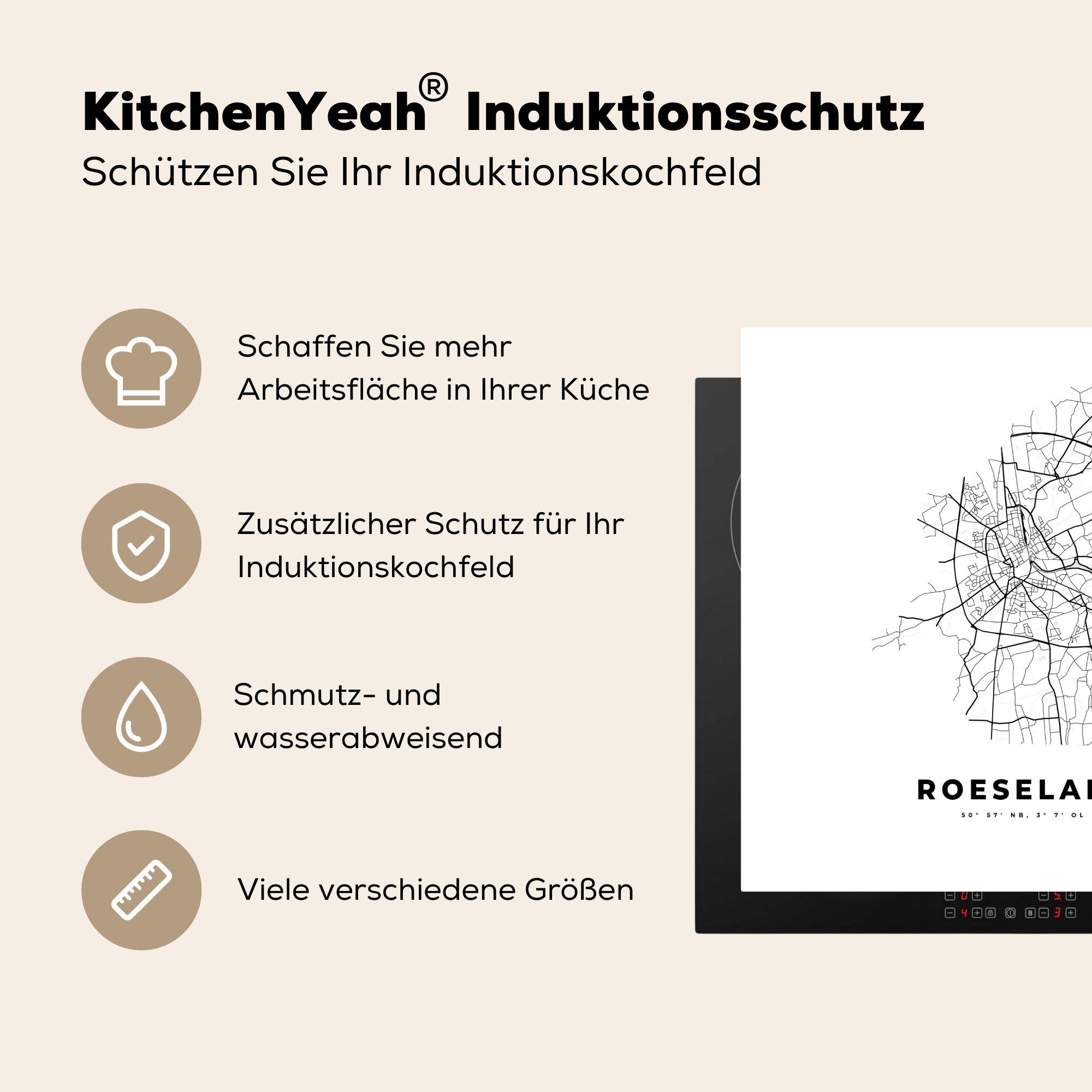 Schwarz Stadtplan Belgien Ceranfeldabdeckung, tlg), - für - Herdblende-/Abdeckplatte Arbeitsplatte und - - MuchoWow 78x78 küche (1 weiß, cm, Roeselare Karte Vinyl,