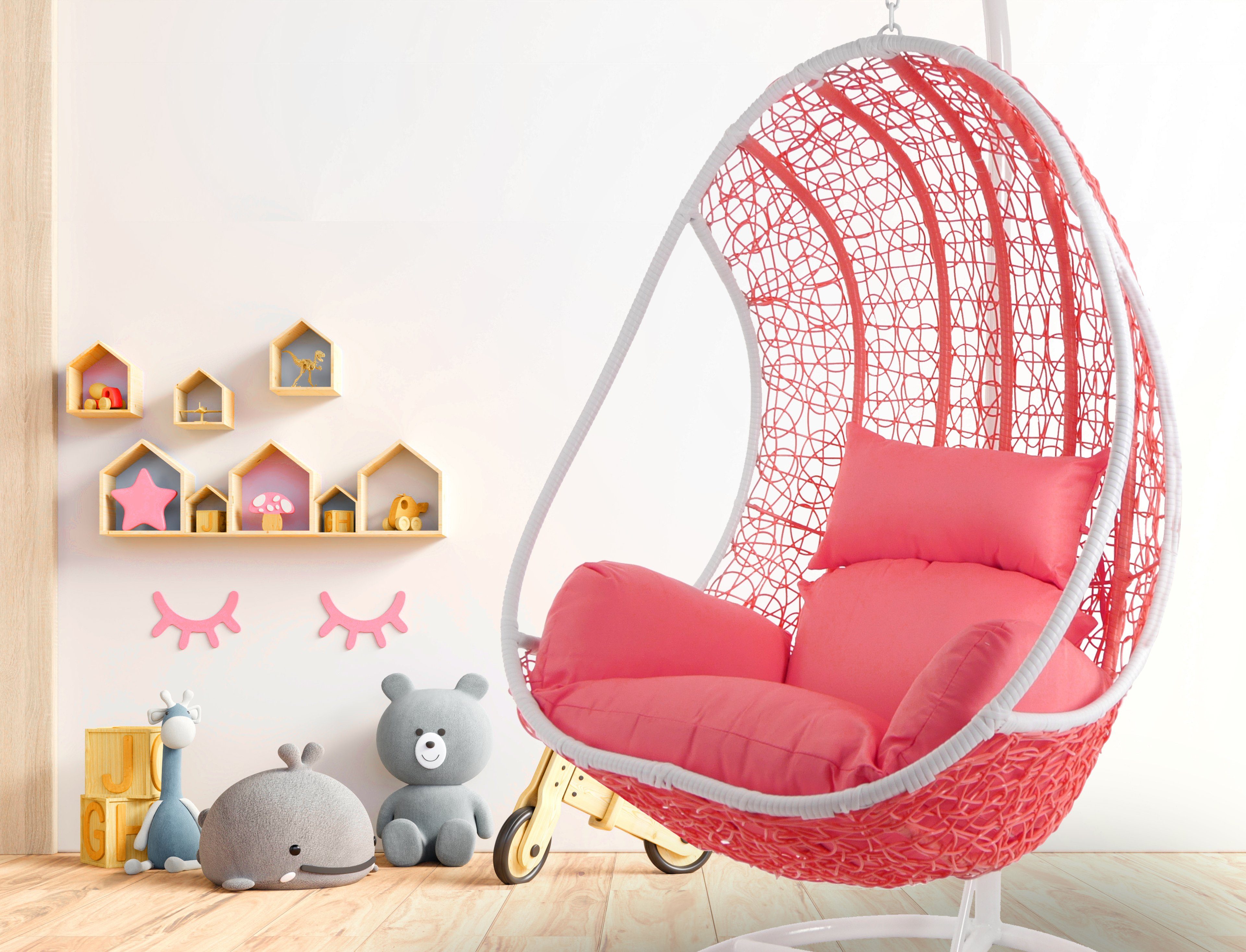 KIDEO Hängesessel Candy, Hängesessel coral & Rattanmöbel, Gestell Loungemöbel, mit Chair Kissen, Swing