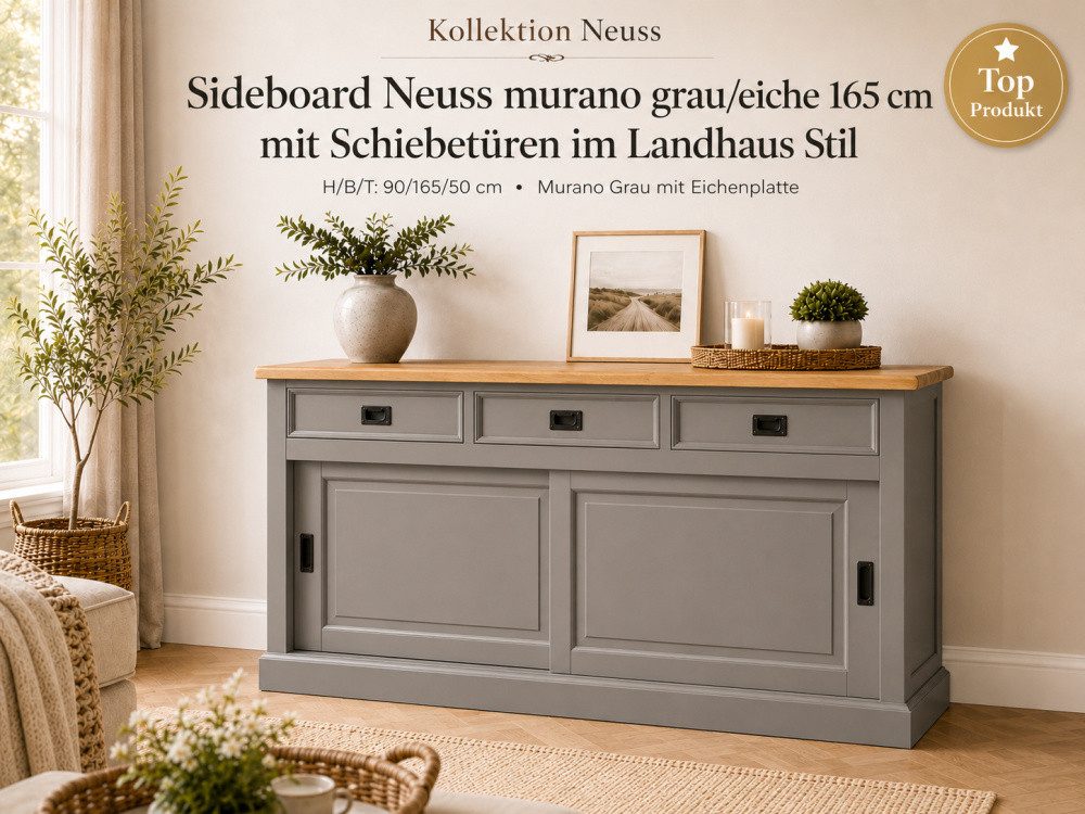 Wohnpalast Sideboard Sideboard Neuss 165 cm Murano/eiche - Anrichte Landhaus Kommode mit Sc