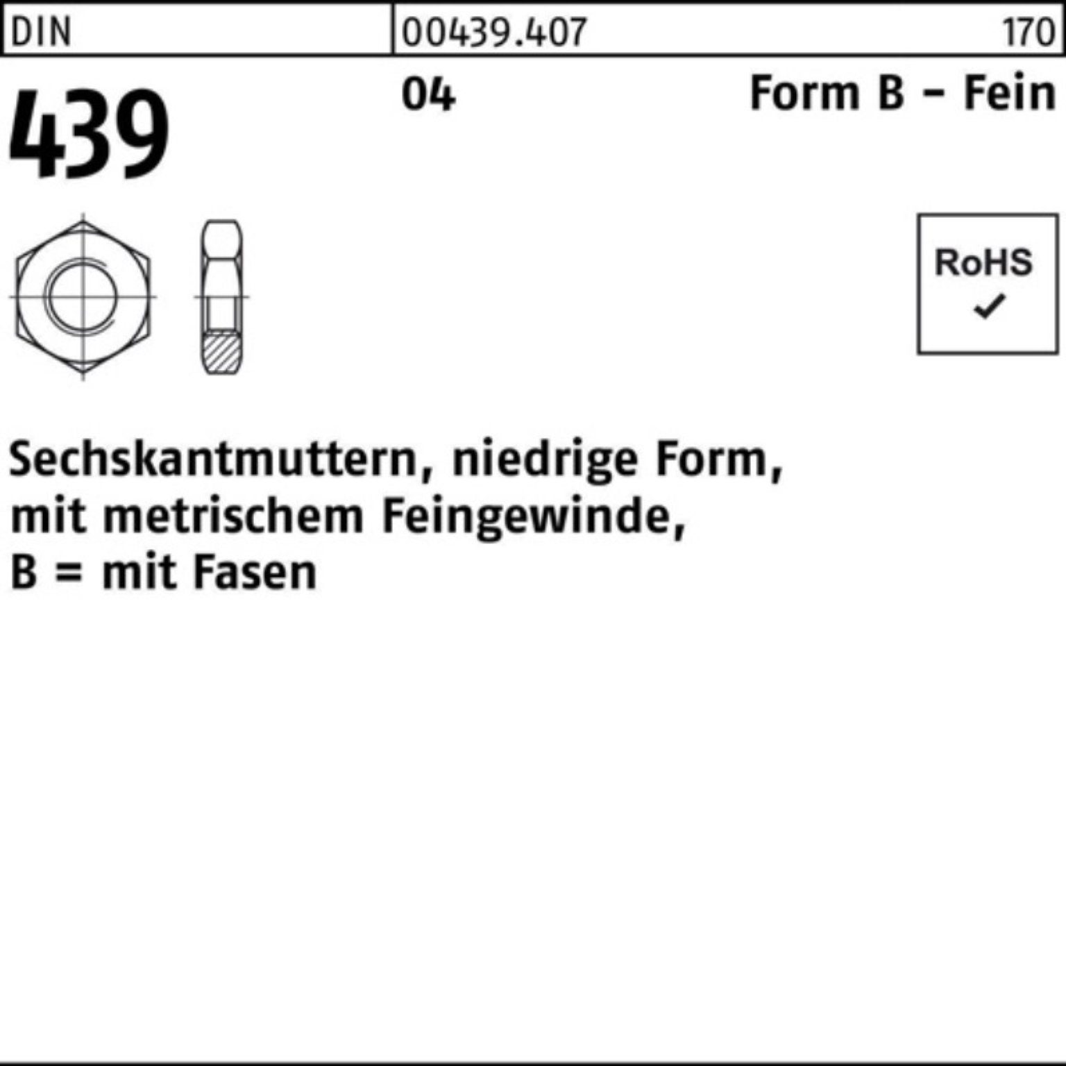 Reyher Muttern 100er Pack Sechskantmutter DIN 439/ISO 4035 FormB BM 39x 1,5 Automaten