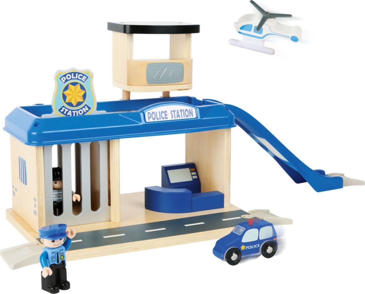 LeNoSa Spiel-Polizeistation Kinder Holzspielzeug • Polizeistation inkl. Zubehör, kompatibel mit allen Standard Holzeisenbahnschienen