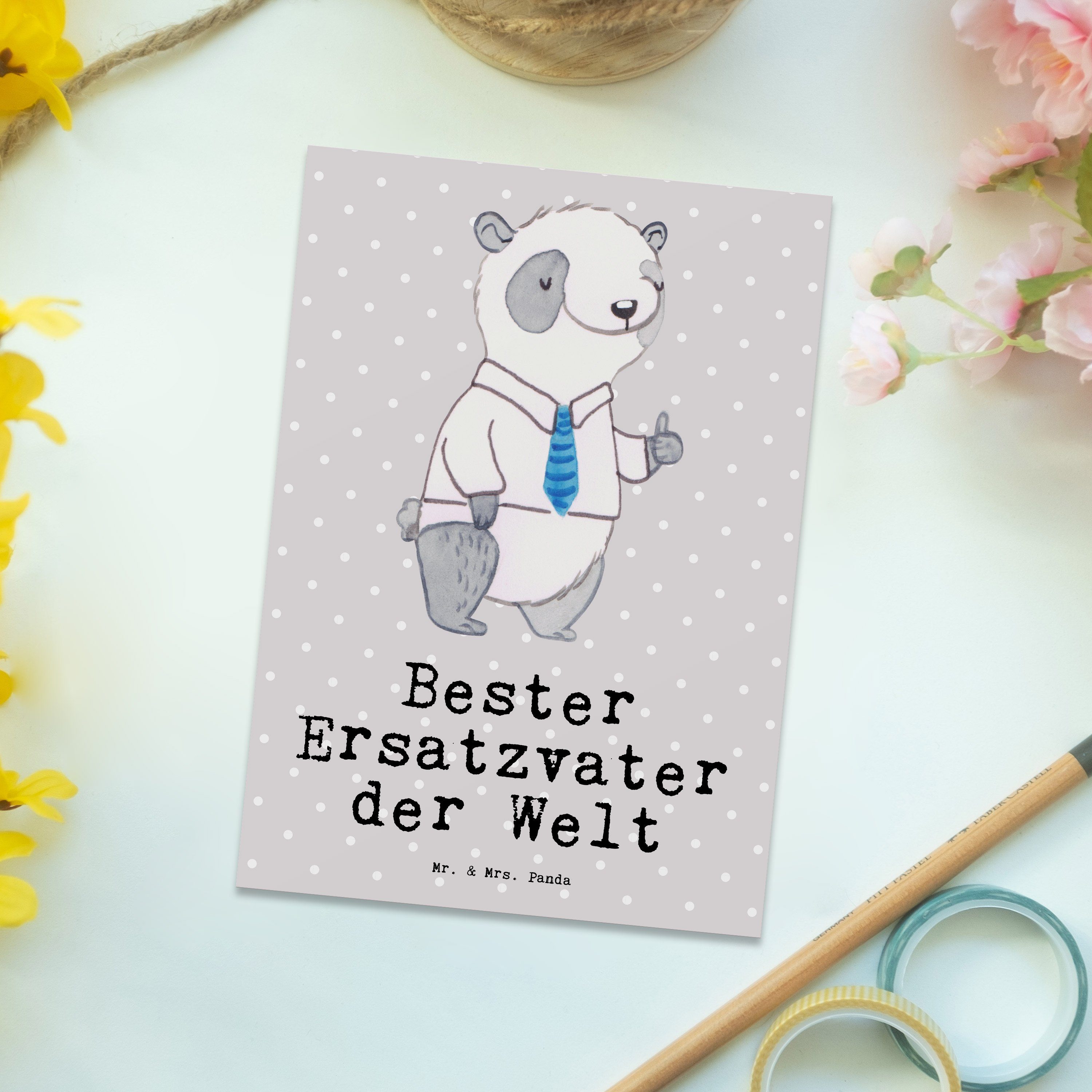 Mr. & Mrs. Panda Postkarte Panda Bester Ersatzvater der Welt - Grau Pastell - Geschenk, Geburtst