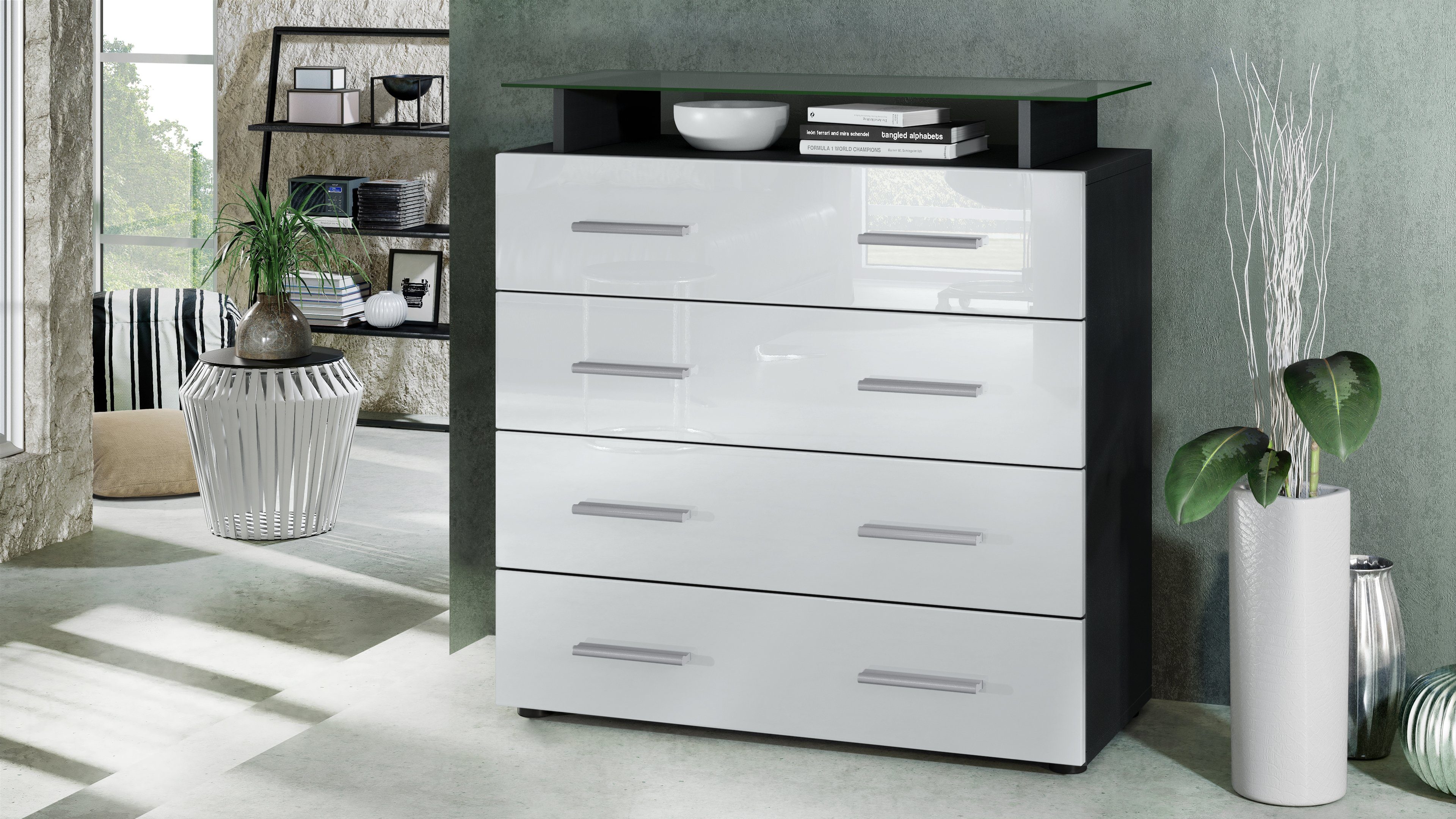 Vladon Kommode Pavos V2 (Kommode, mit 4 Schubladen und Glasablage), Schwarz matt/Weiß Hochglanz (76 x 81 x 35 cm)